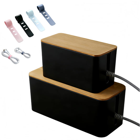 1 Large + 1 Small Cable Management Box Set – 2-Piece Cord Organizer Box, Home Office Desk Wire Storage & Cable Management Solution (Bamboo Lid/Black)