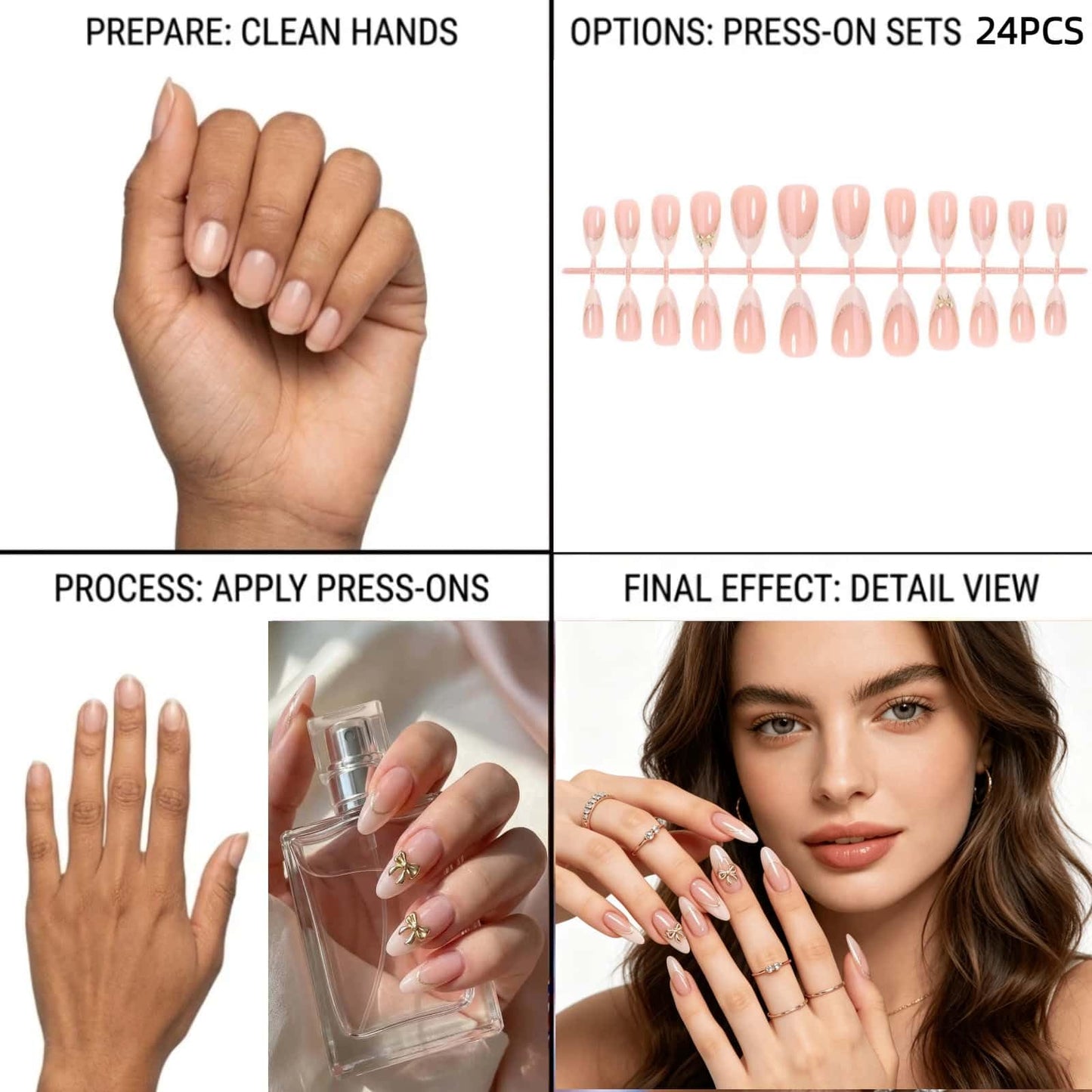 Medium Almond Press on Nails Gold French Tip Fake Nails Nude with Gold Foil Design Glossy Acrylic Glue on Nails Reusable Artificial Nail Full Cover Sticker on Nails for Women 24 Pcs