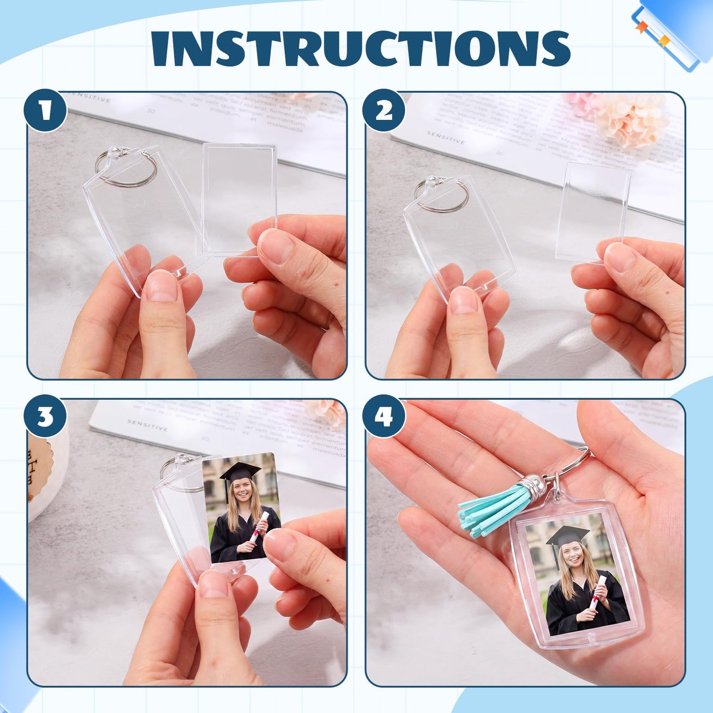 Yaomiao 120 Set Acrylic Photo Keychain with Tassel Clear Blank Custom Keychain Frame Holder Insert Picture Keyring Making Kit (Rectangle)