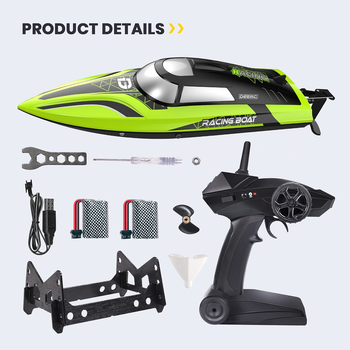 DEERC 14-Inch RC Boat, 20+ MPH High Speed Remote Control Boat for Pool & Lake, Auto Self-Righting, 2 Batteries, 493FT Control Range, LED Lights, 2.4GHz Full Proportional Control, Water Toy Gift