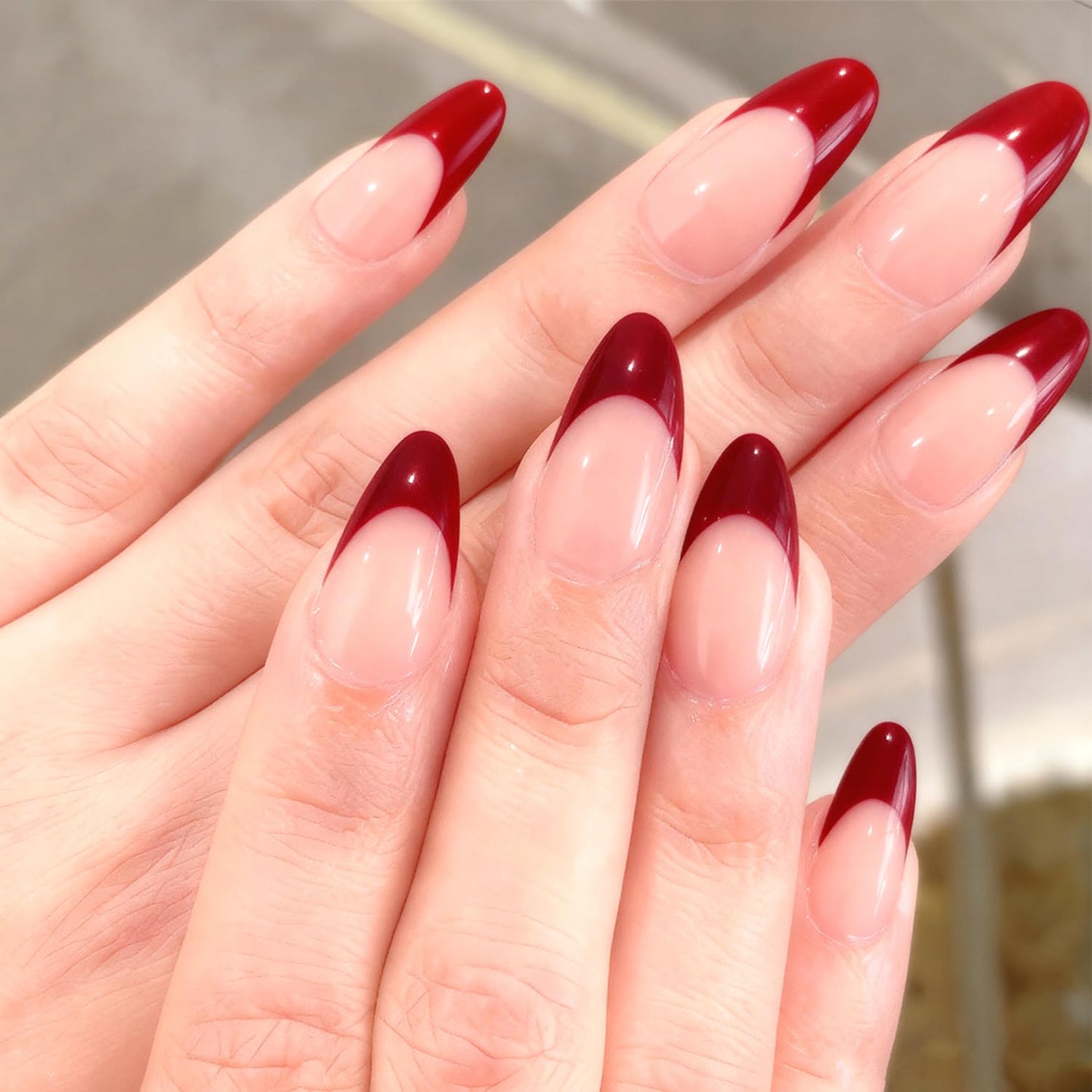 30Pcs Red Press on Nails with French Tip Designs, Medium Almond Fake Nails Glossy Nude False Nails Luxury French Nail Tips Solid Color Stick on Fingernails Cute Exquisite Fashion Simple for Women