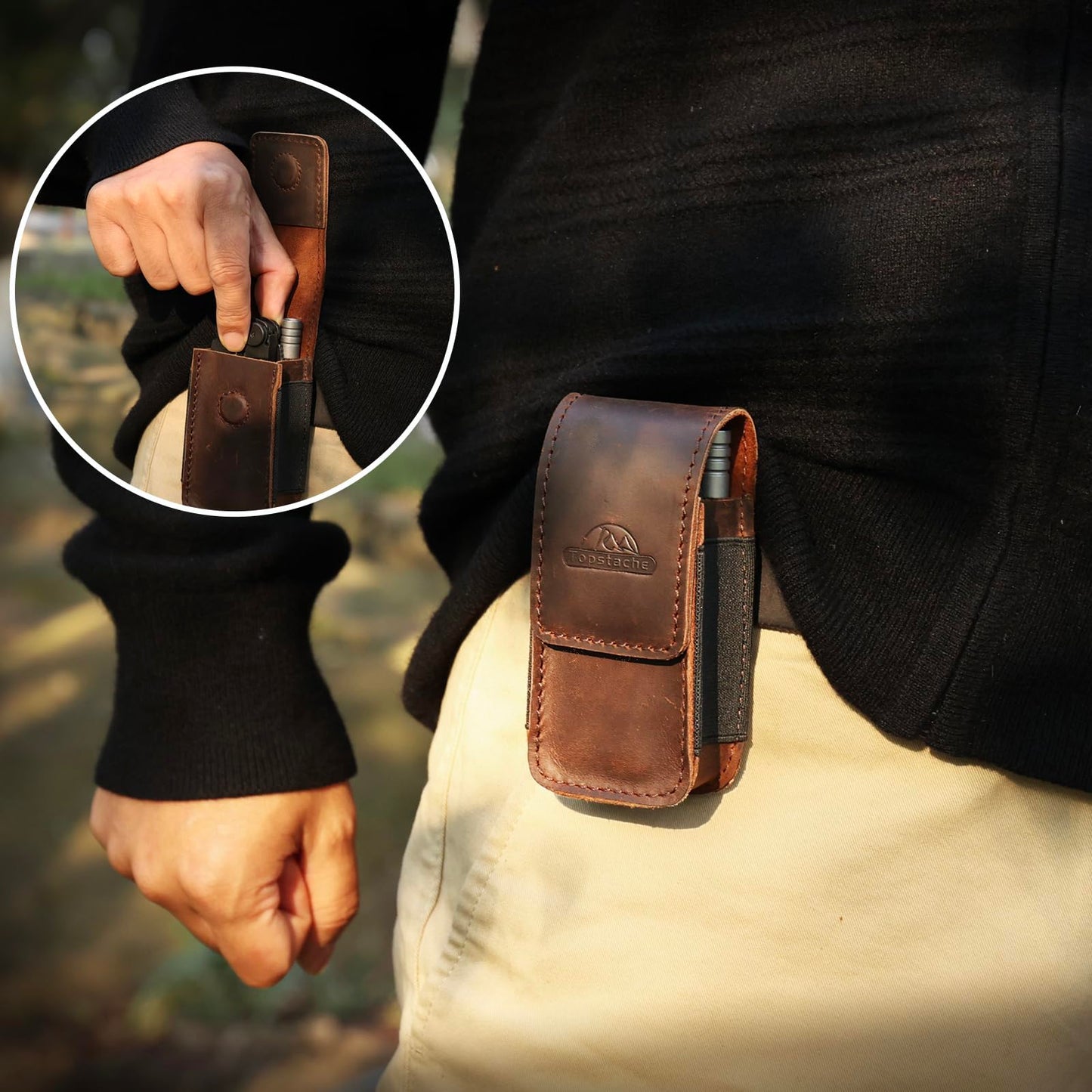 Topstache Leather Multitool Sheath for Belt - EDC Belt Organizer for Leatherman, Gerber - Magnetic Closure Multitool Holster Pouch Fits Folding Tool - Leather Multi Tool Case, M, Darkbrown