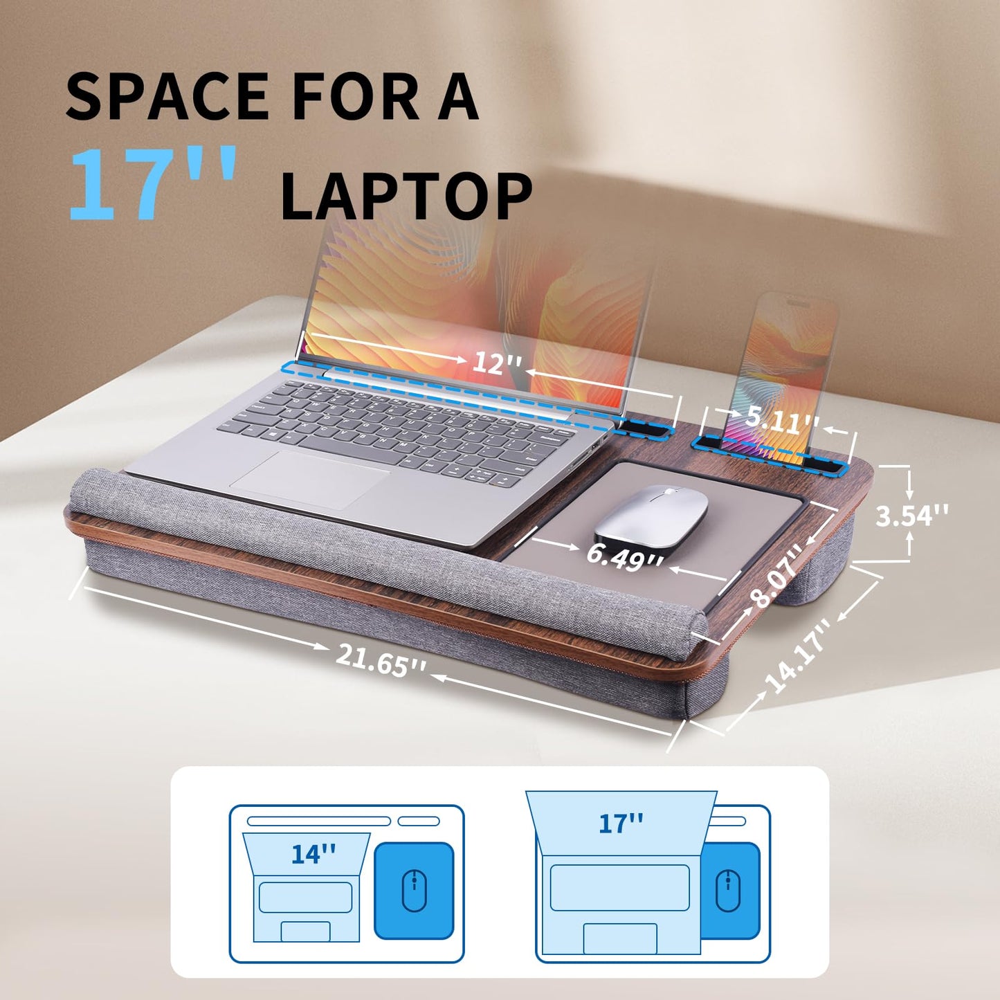 Heyfriday Home Office Lap Desk with Wrist Rest Wrist Rest, Mouse Pad, and Phone Holder Large Laptop Bed Desk for Notebook, Laptop, Tablet, Lap Stand Fits Up to 17 Inch Laptops (Brown)
