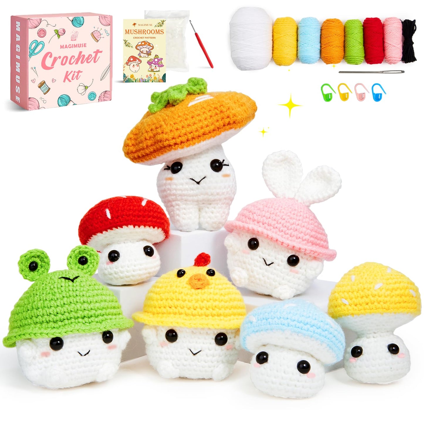 MAGIMUSE Crochet Kit for Beginners, Crochet Starter Kits for Adults Amigurumi Craft Knitting Crocheting Kits with Step-by-Step Video Tutorials, Mushroom Family(40%+ Yarn