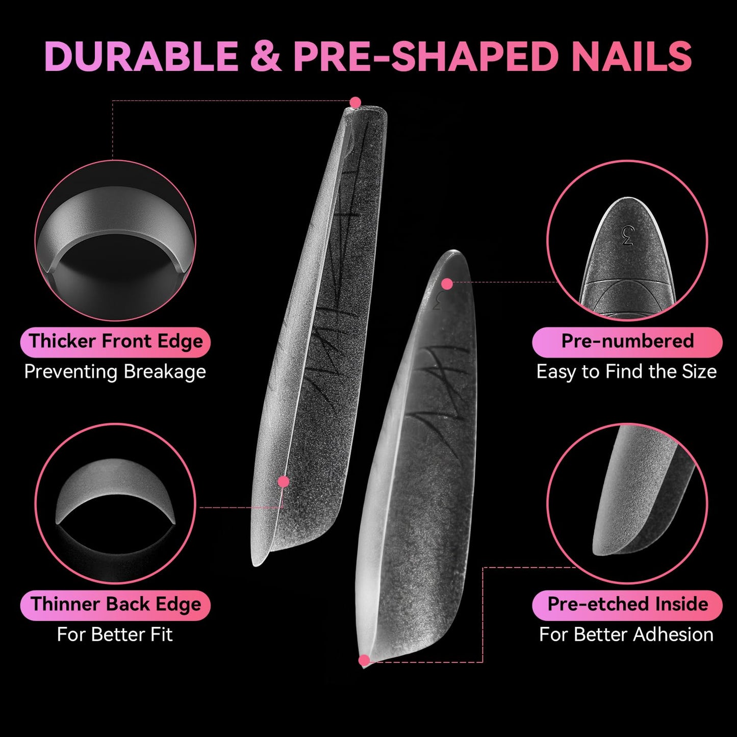 Makartt Long Almond & XL Tapered Square Nail Tips with Built-In Shaping Guides: 2 Shapes in 1 Box-15 Sizes, Pre-Etched Matte Inside False Nails for Nail Extension DIY, Salon Manicure Supplies 420pcs
