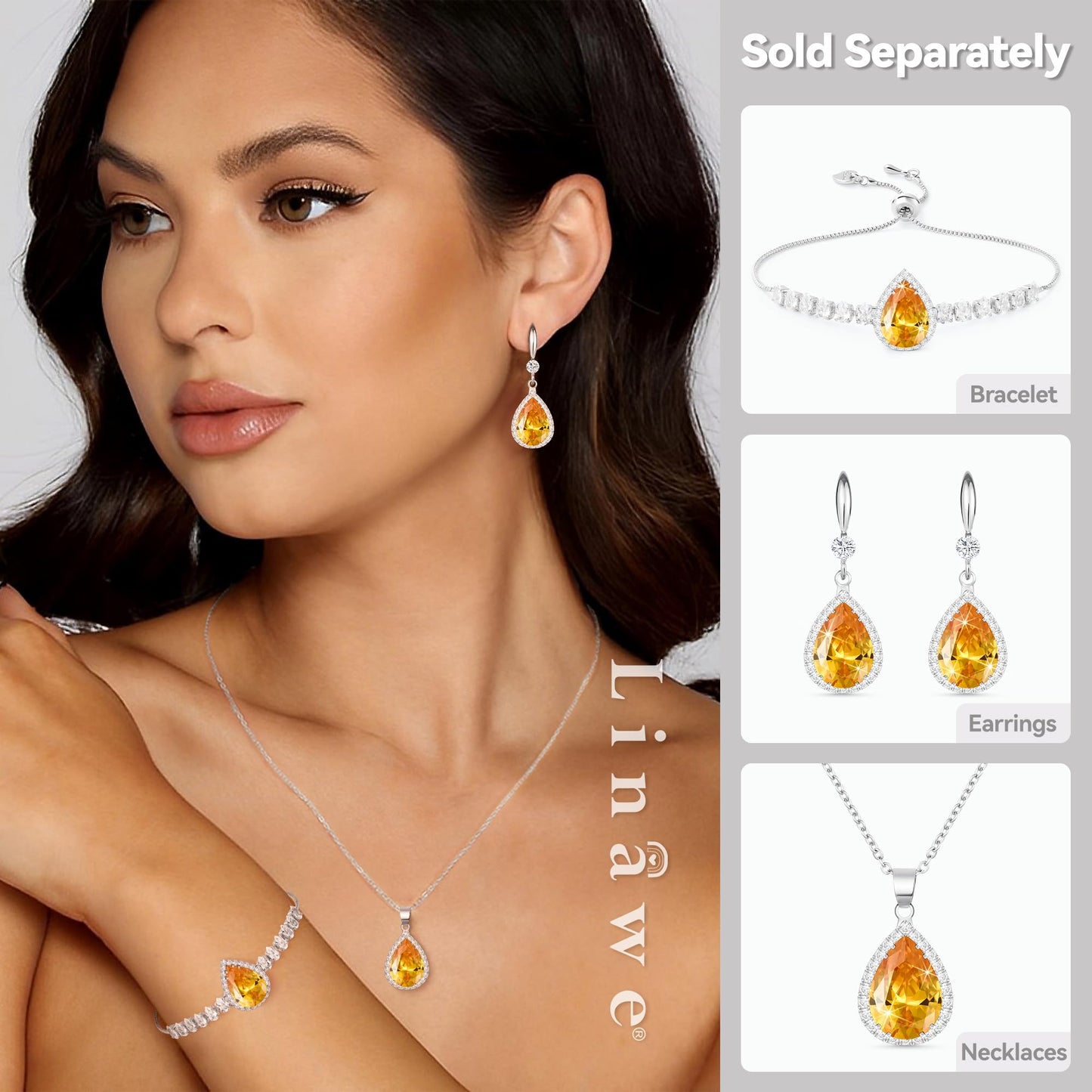 Linawe Silver Chain Necklace for Women, Citrine Crystal Yellow Imitation Diamond Pendant Necklace, Cubic Zirconia Rhinestone Teardrop Boho Jewelry Set