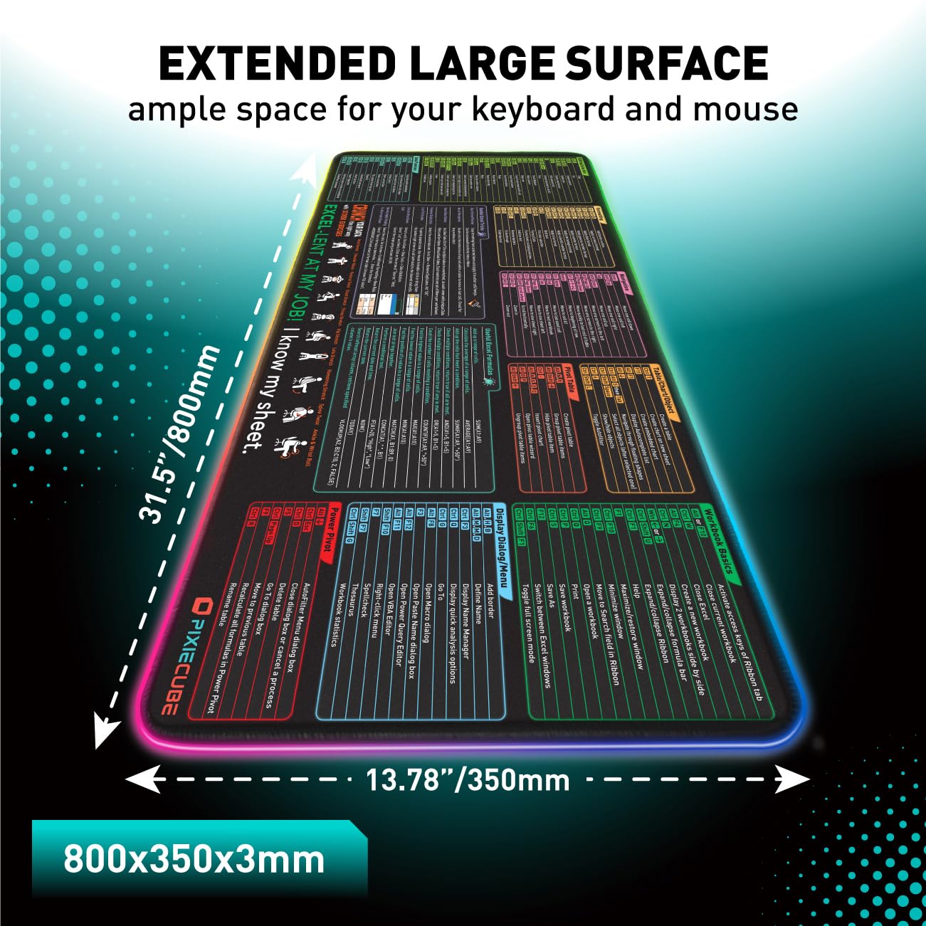 Excel Shortcut Keys LED Mouse Pad - Colorful RGB Luminous Extended Large Cheat Sheet Gaming Mousepad| PC Office Spreadsheet Keyboard Mat| Non-Slip Stitched Edge