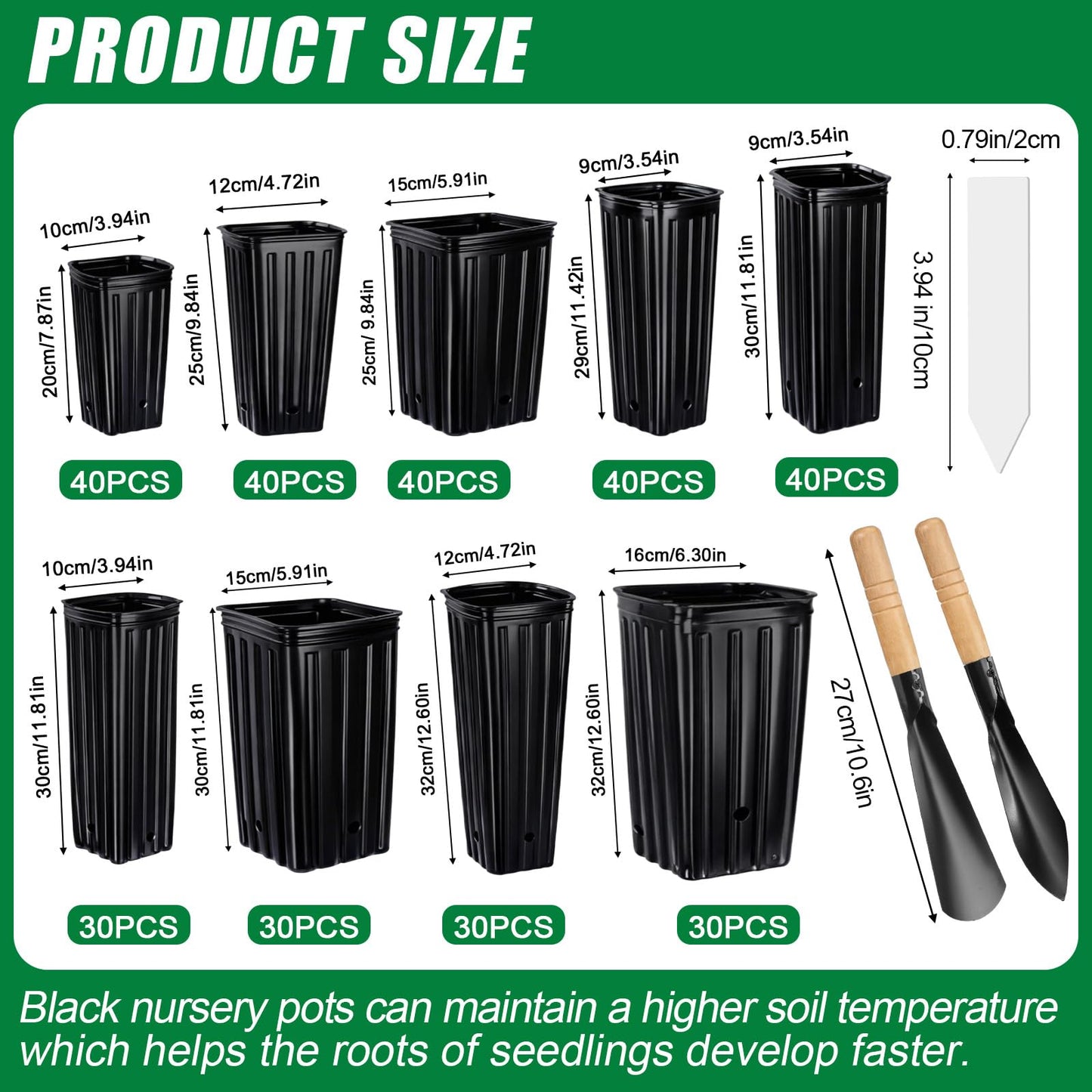 RimCereal 320 Pcs Tall Tree Pot 12.6'' 11.8'' 9.8'' Plastic Deep Nursery Tree Pot with Drainage Hole Black Seedling Plant Flower Container with Label, Garden Tool for Indoor Outdoor Garden, 9 Sizes