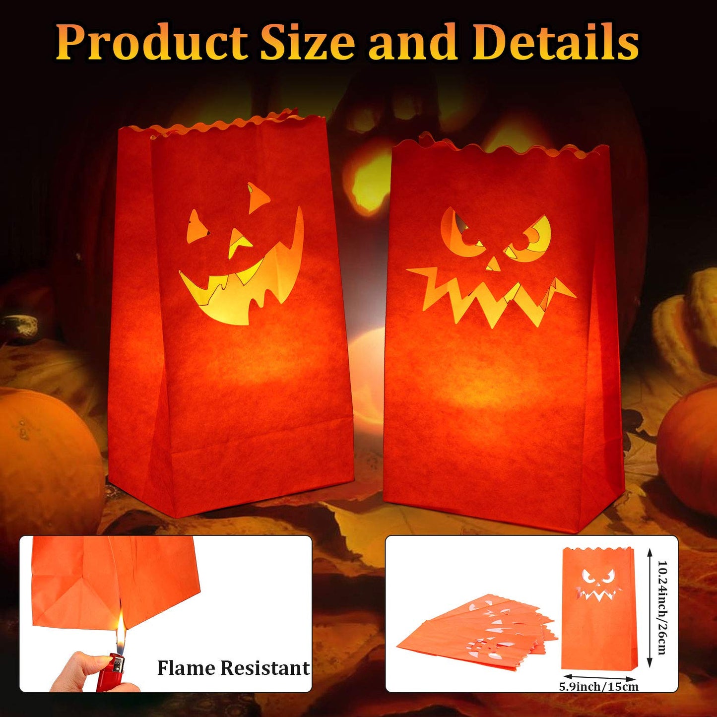 Shappy 20 Pieces Halloween Luminary Candle Bags Flame Resistant Candle Bags in 5 Kinds of Pumpkin Grimace Patterns for Halloween Party Supplies