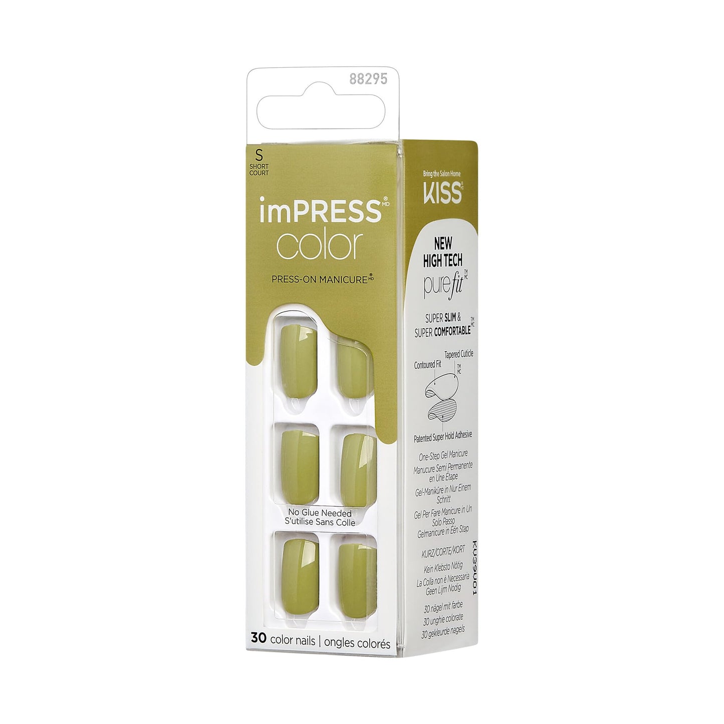 KISS Impress Color No Glue Mani 30 Pcs Press on Nails, Olive Green, Short Size, Squoval Shape, Simple Peel & Press Easy Apply, Hassle-Free Removal, Essential Tools Included