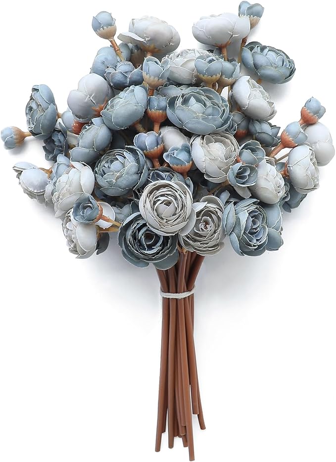 Floroom Ranunculus Artificial Flowers 18 Pcs Dusty Blue Faux Silk Mini Ranunculus Bulk Fake Wedding Filler Flowers for DIY Bouquets, Centerpieces, Bridal Shower Decorations & Arrangements