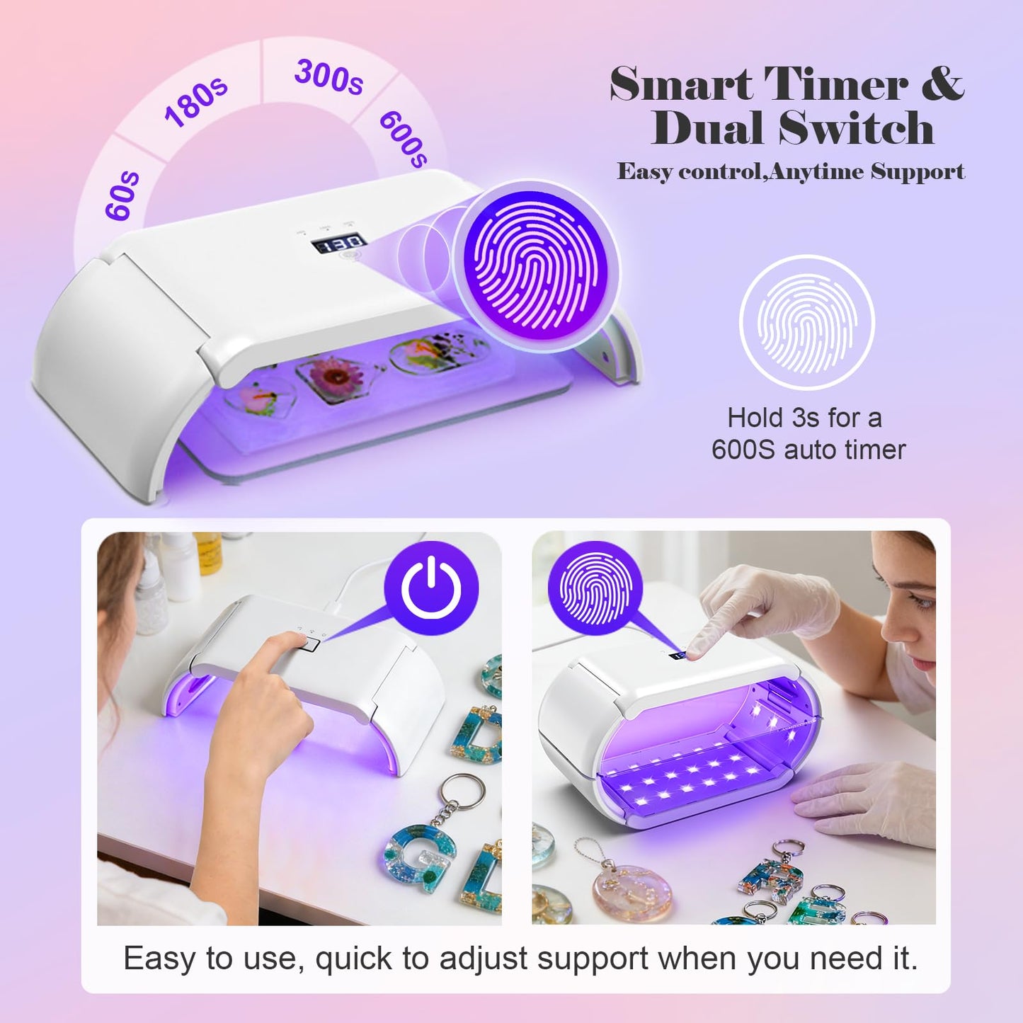UV Light for Resin — 48 LEDs Double-Sided 360° Lamp, 365-405nm, 1-10min Timer, 2 Heat-Resist PCBs, 1 Adapter & 2 USB Cables, for Molds, Jewelry, Crafts & Batch Curing — for Beginners, DIYers & Pros