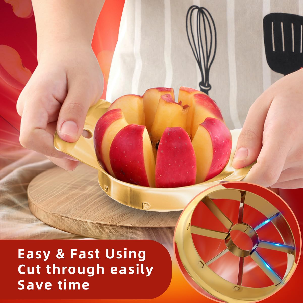 Fruit Slicer, QRU 304 Stainless Steel Fruit Cutter 8 Slices, Corer for Fruits & Vegetables, Ergonomic Handle Easy Grip Pears Divider, Sturdy and Sharp, Dishwasher Safe (Gold)