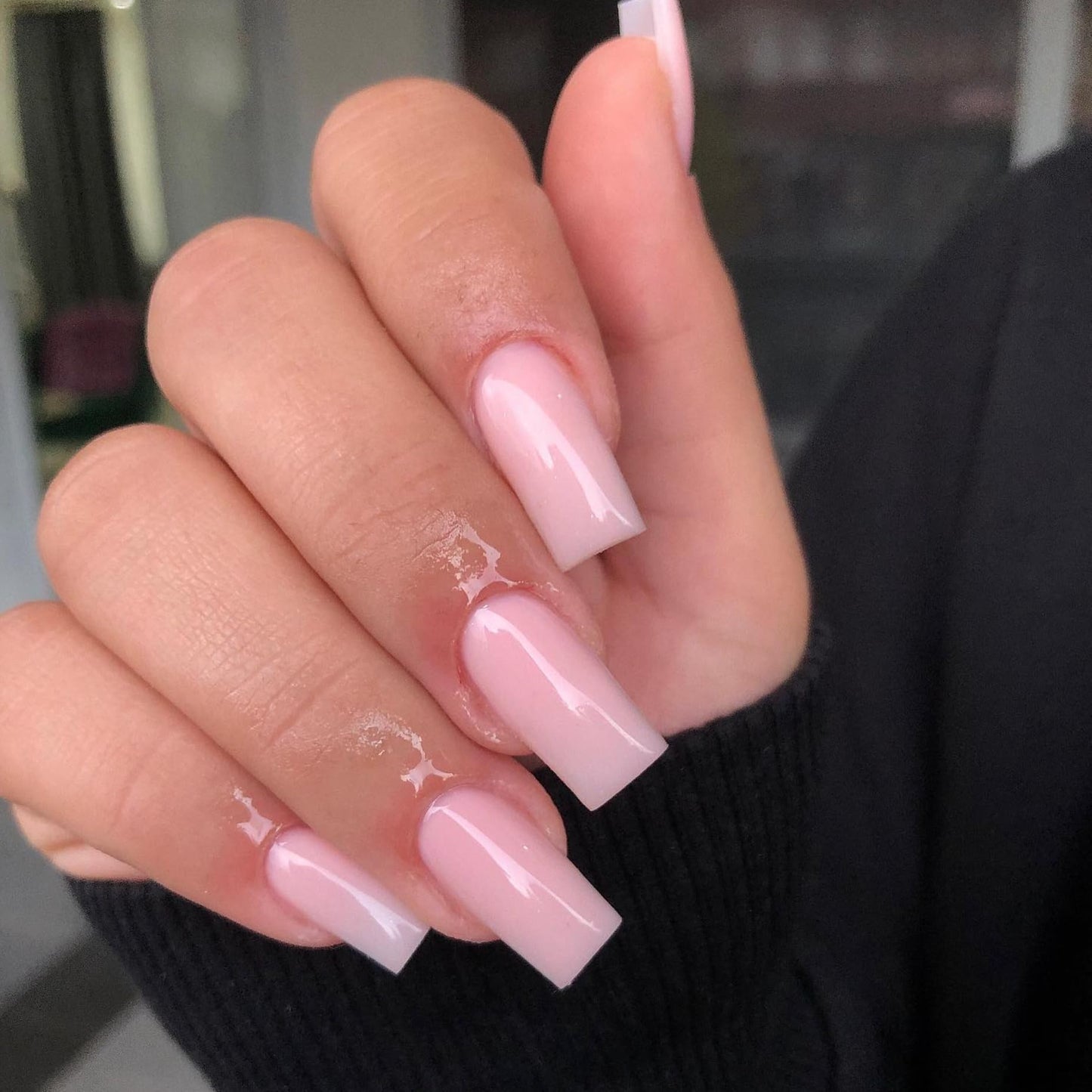 KQueenest Light Pink Press on Nails Long Medium, Sheer Pastel Pink Fake Nails Press ons, Glossy Soft Gel Glue on Nails Medium Coffin, Reusable Opaque Square Tip Stick on Nail for Women, 24 Pcs