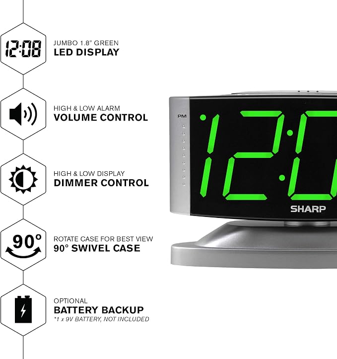 Sharp Digital Alarm Clock with Swivel Base, Green LED, Dimmer, Silver | Large green LED digits; Adjustable swivel base; Brightness dimmer; Snooze alarm; Simple controls; Silver case