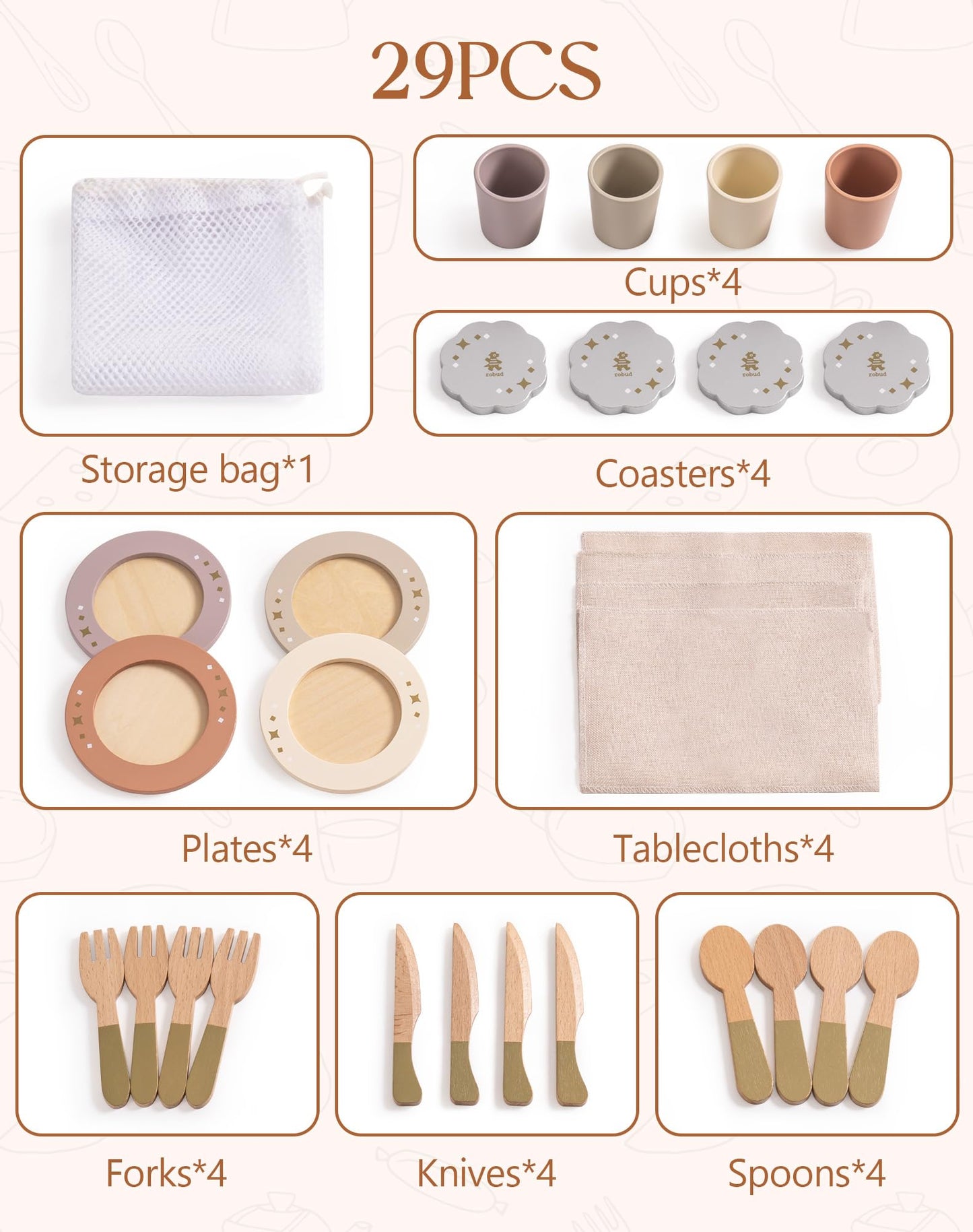 ROBOTIME Play Kitchen with Dishes Set, Rustic Wooden Kitchen Pretend Play Kitchen, 29PCS Wooden Toy Plates and Dishes for Kitchen Set for Toddler Boys Girls Gifts