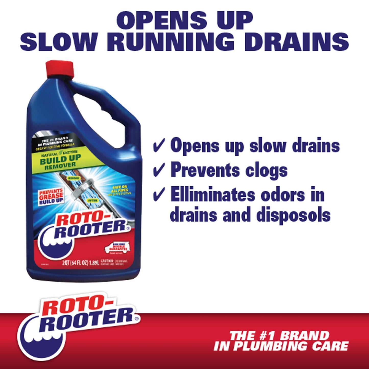 Roto-Rooter Build-Up Remover Drain Cleaner, Enzyme-Based Formula Helps Prevent Clogs and Grease Buildup, Removes Odor, Safe for Septic Systems, Pipes, Toilets, Drains and Sinks, 64 oz