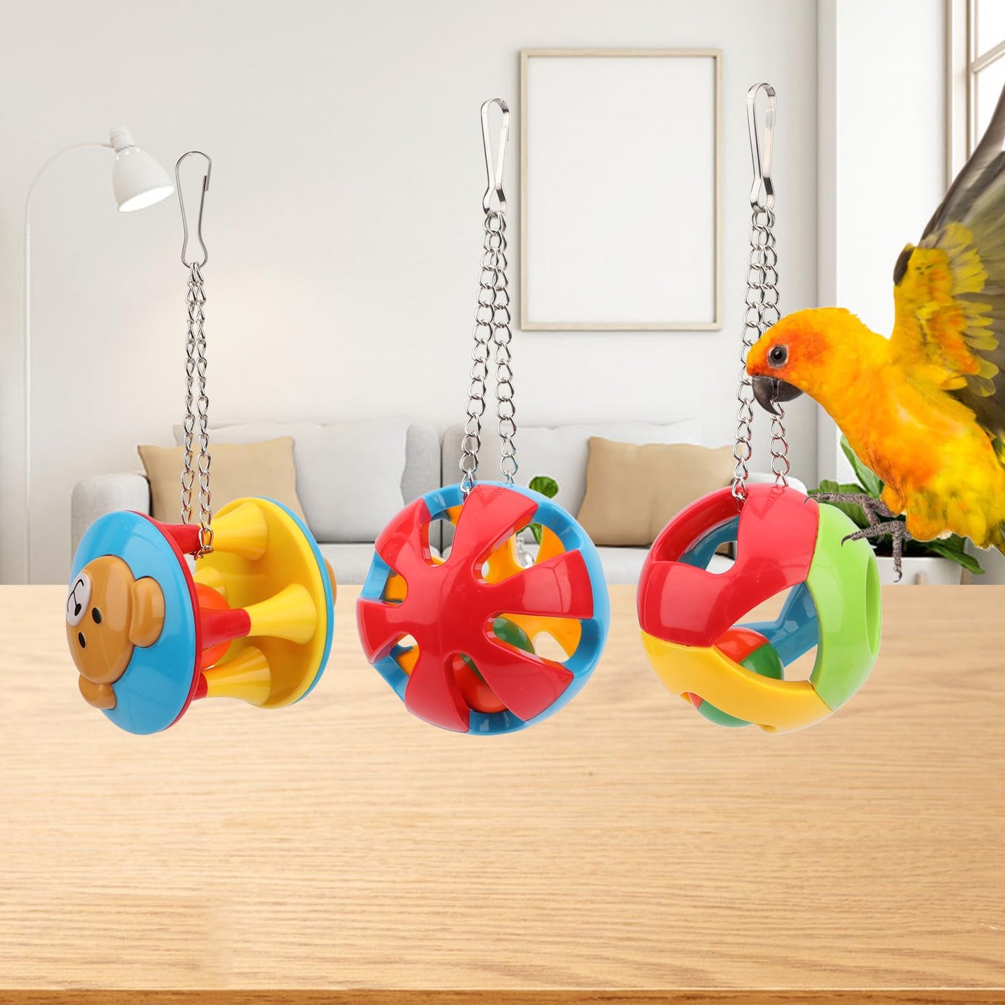 Hypeety Parrot Colorful Ball Toys with Bell Cage Hanging Chewing String for Parakeet Conure Cockatiel Small Medium Birds (A+B+C)