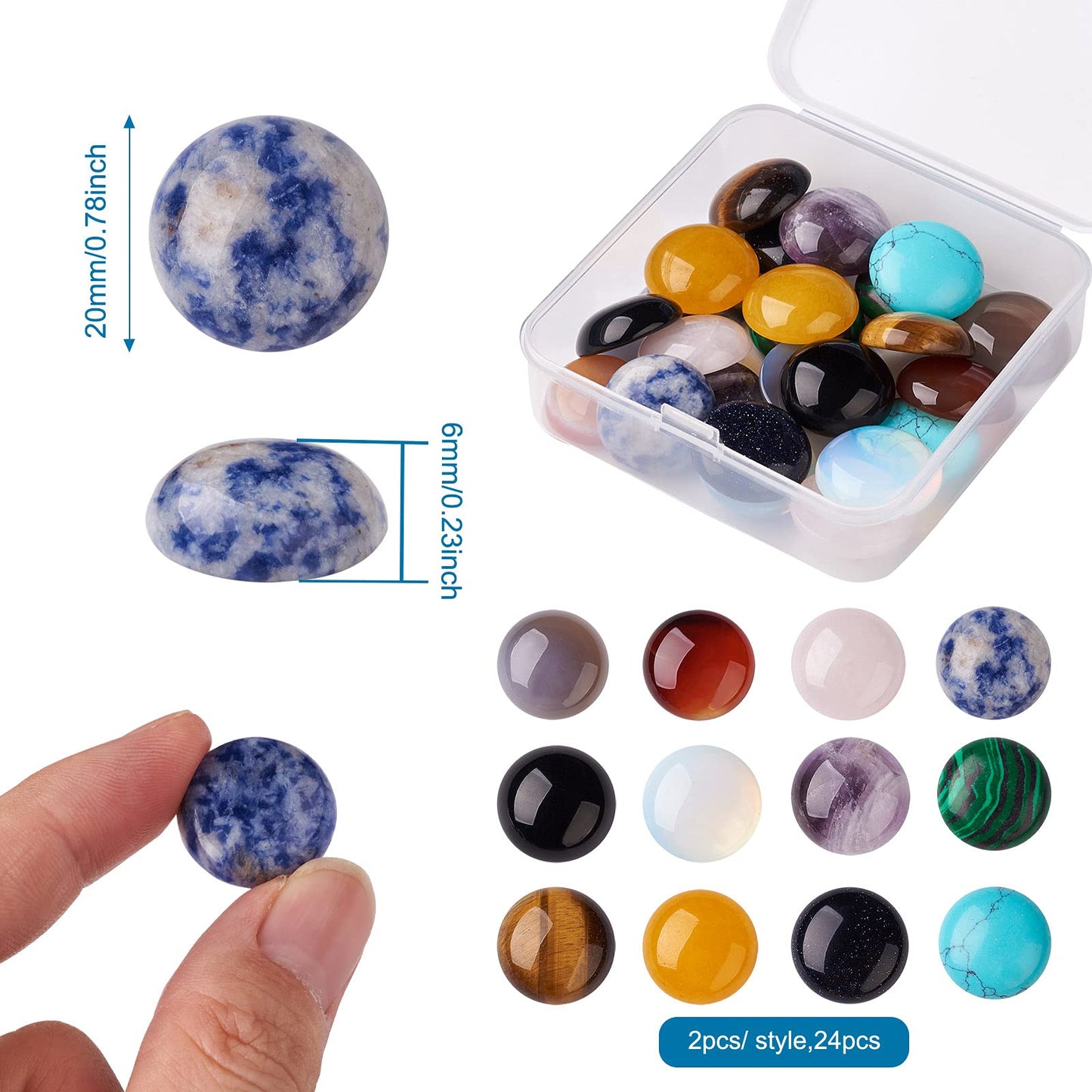 Fashewelry 24pcs 20mm Healing Crystal Gemstone Cabochons Assorted Round Flatback Natural & Synthetic Energy Stone Cab Covers No Hole for Jewelry Craft Bracelet Necklace Making
