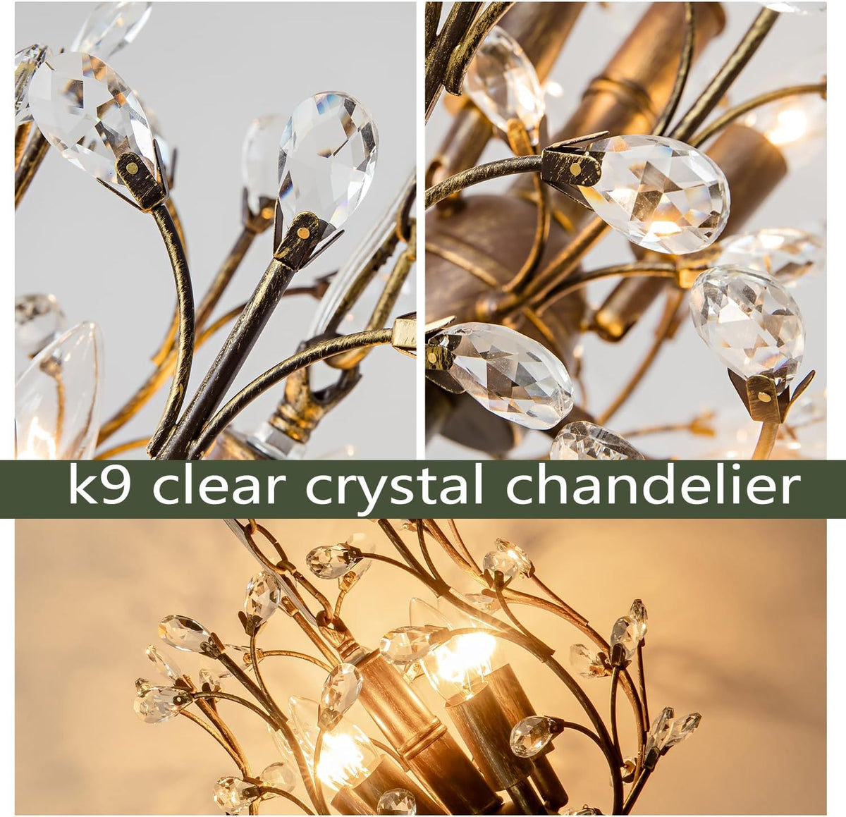 5-Light Vintage Crystal Branch Chandelier Farmhouse Hanging Pendant Light Fixtures for Living Room Dining Room Foyer Kitchen Island Hallway, Aged Bronze