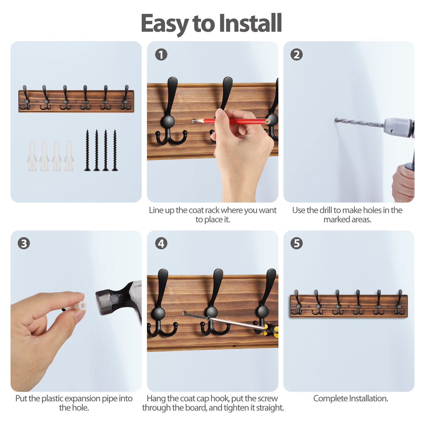 PHINGEER Coat Rack Wall Mount, Wooden Heavy Duty Coat Rack for Wall,6 Triple Coat Hanger Hooks for Hanging Coats,Jacket,Hat,Clothes (Brown, 6 Hooks)