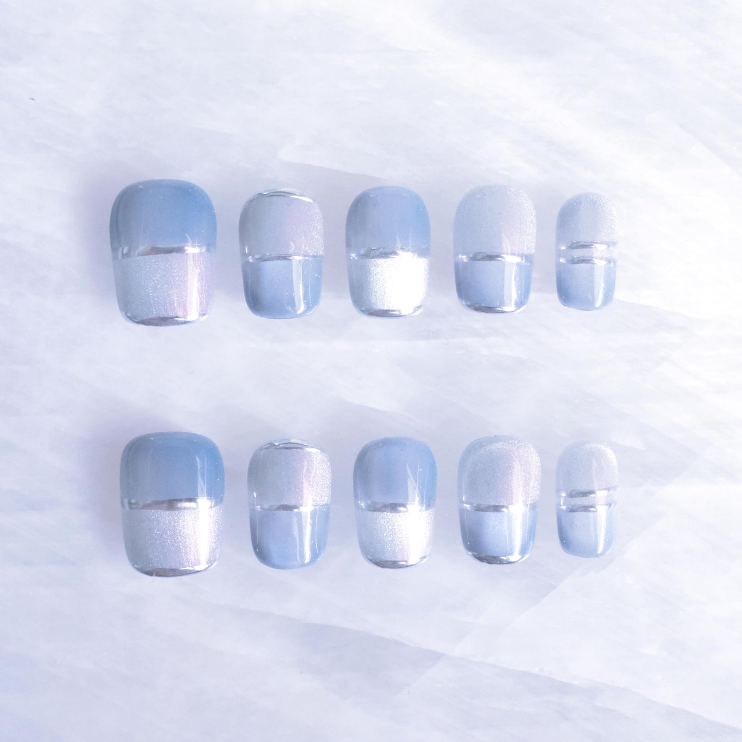 Aurora Blue Cat Eye Press on Nails, Short Square, Chrome Patchwork Design, Handmade Fake Nails for Women, 10 Pieces (XS Size, SS)