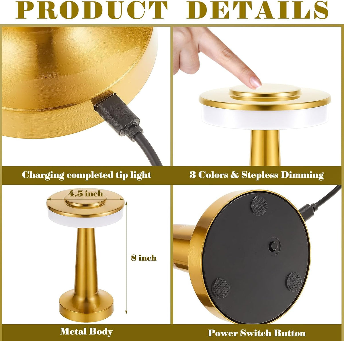 VIHOSE Set of 8 LED Portable Cordless Table Lamp with Touch Sensor 3 Color Stepless Dimming Rechargeable Battery up to 15 Hours Cordless Table Light Wireless Lamp for Nursery(Gold)