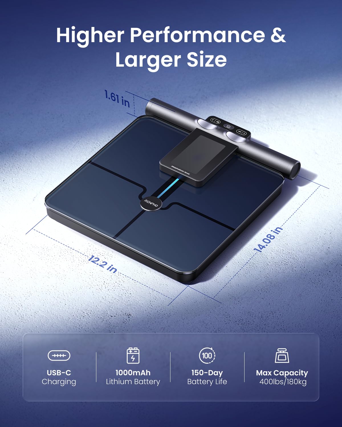RENPHO Smart Scale for Body Weight, 8-Electrode Body Composition Scale with BMI, Body Fat, Muscle Mass, Rechargeable Body Fat Scale with Full-Color TFT LCD on Handle, MorphoScan Nova, Dark Blue