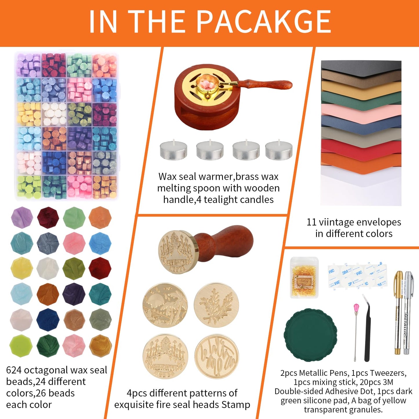 Kit,Dried Flower Accessory Tools,Premium Wax Seal Stamp Kit with 24 Colors 624 Pcs Beads, 4 Pcs Stamps, Sealing Wax Warmer, Envelope, Candles for Wedding Birthday Gift and DIY Craft