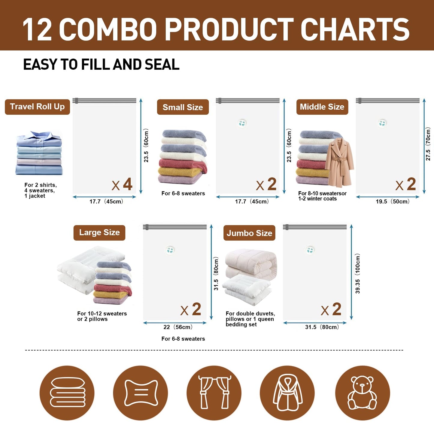 DUORAN 12 Pack Vacuum Storage Bags,Space Saver Bags for Clothing,Comforters,and Bedding,Includes 2 Jumbo, 2 Large, 2 Medium, 2 Small/4 Roll Bags,Compression for Closet & Travel, With Electric Pump