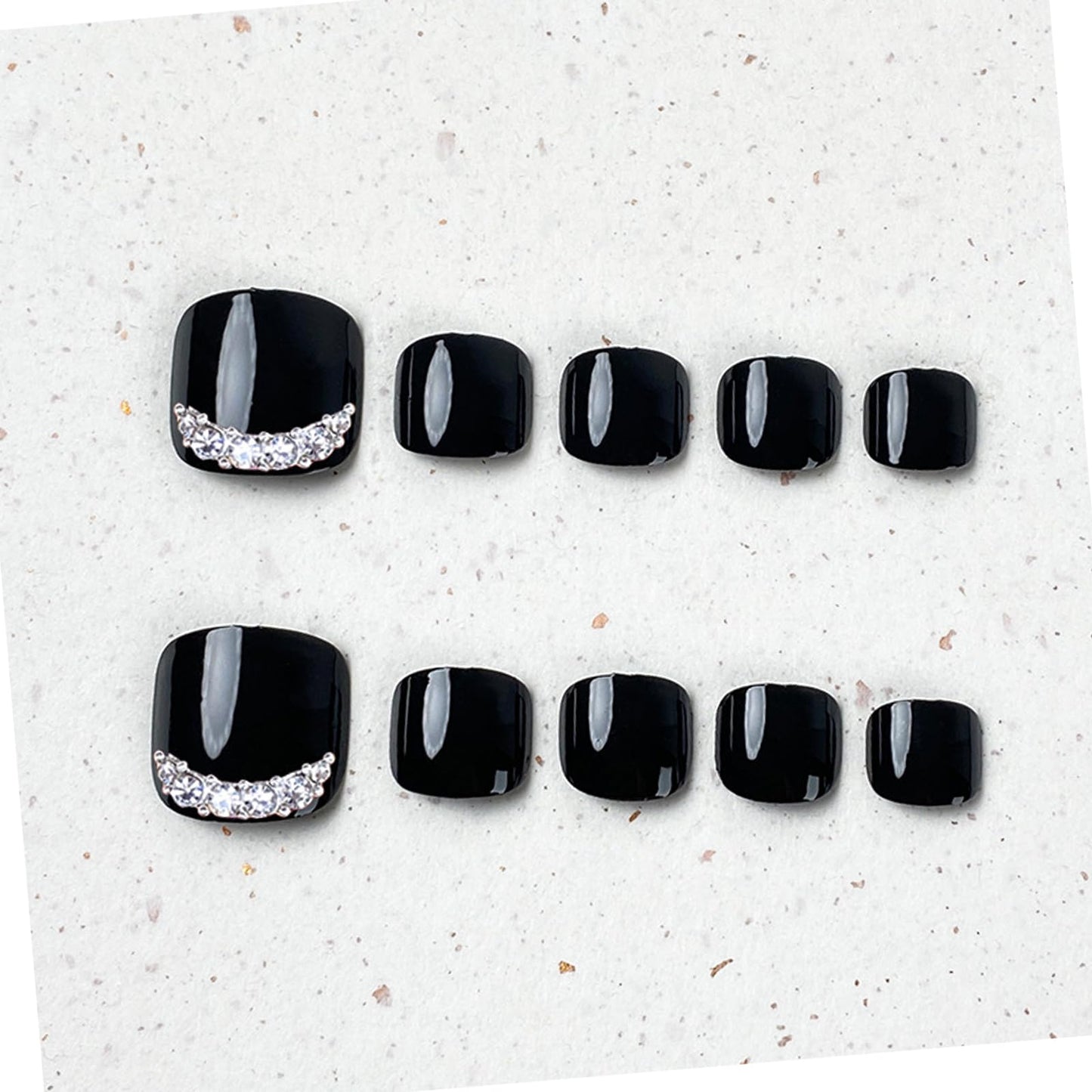 Black Press On Toenails Short Square Glossy Solid Black with Rhinestone Design Full Cover Acrylic Toe Nail for Women Girls Manicure 24 pcs