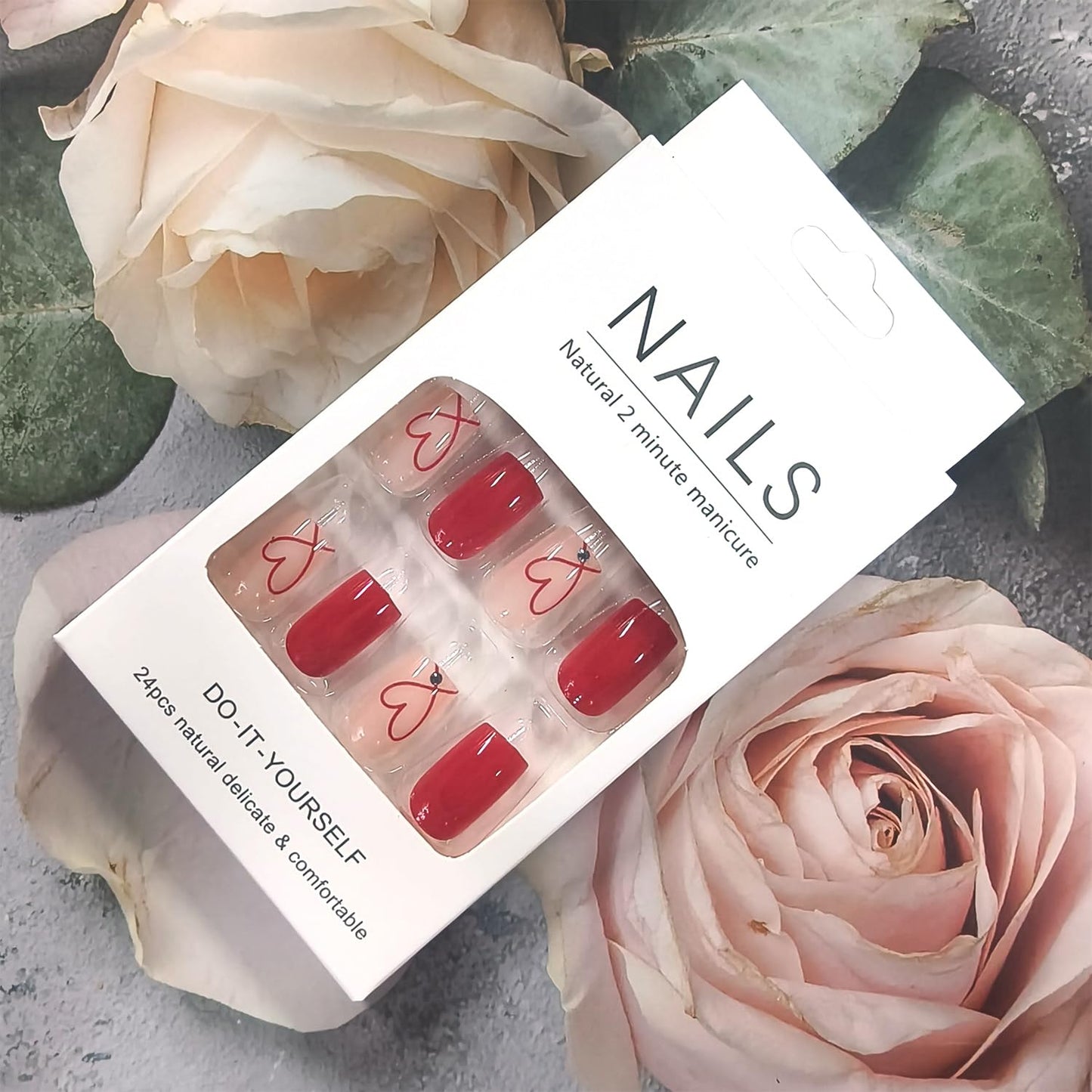 Valentines Press on Nails Short Square Artificial Acrylic False Nails Translucent Red Love with Rhinestones Full Cover Glossy Heart Stick on Nail Artificial Fingernails for Women Festival Manicure