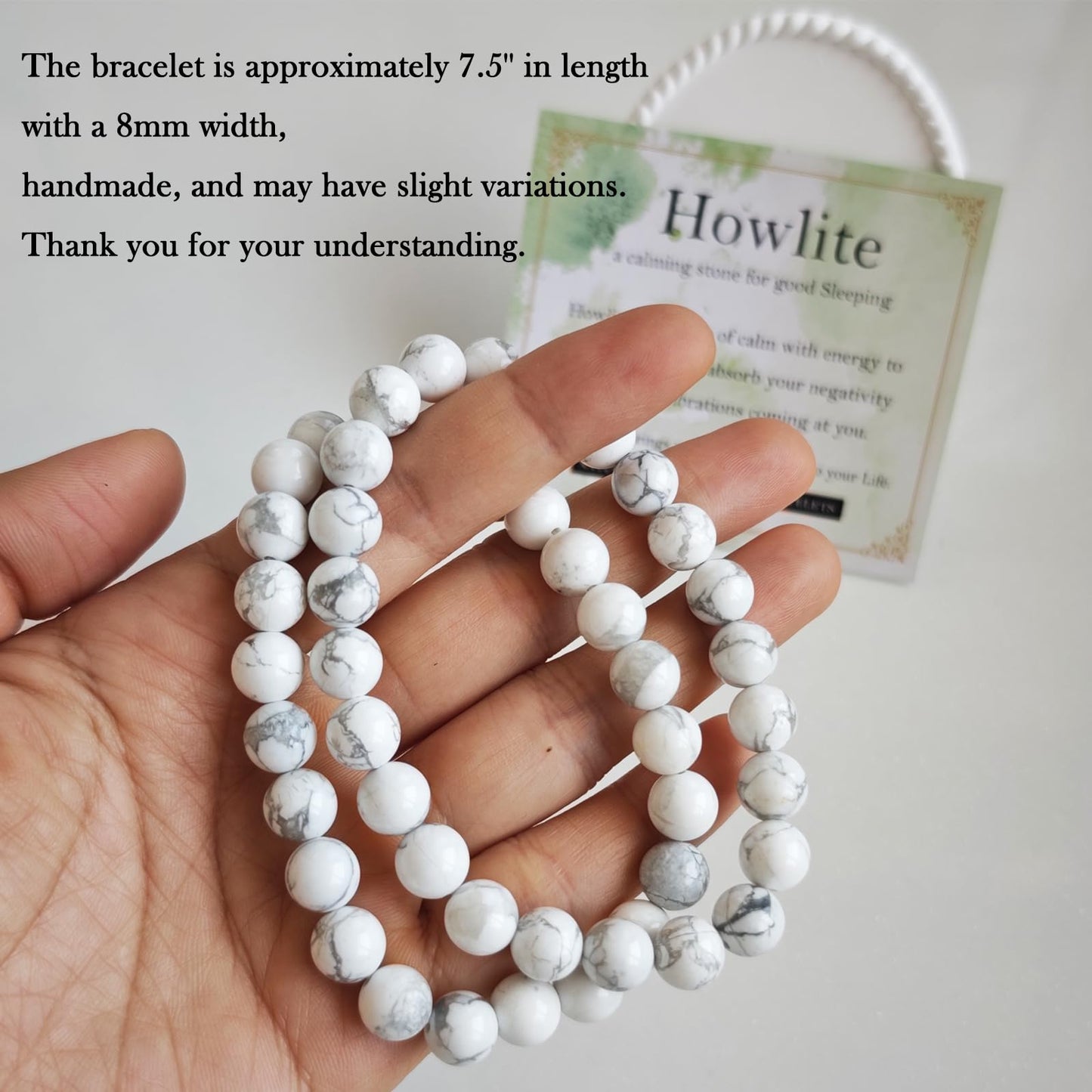 Handmade Natural Gemstone Elastic Bracelet - Healing Crystal Beads Jewelry, Unisex (Howlite, 8mm)
