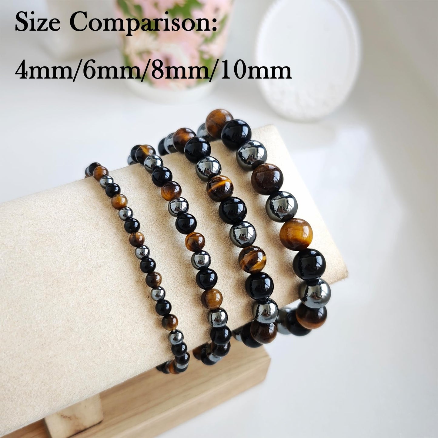 Handmade Natural Gemstone Elastic Bracelet - Healing Crystal Beads Jewelry, Unisex (Triple Protection, 8mm)