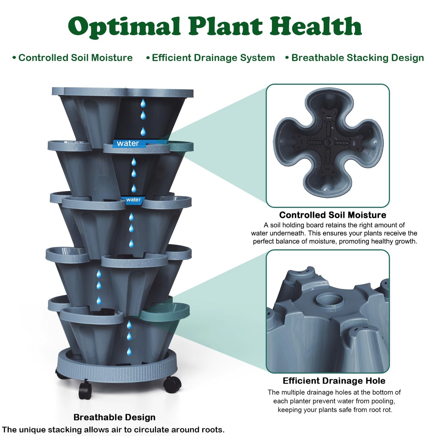 Lykvrii Strawberry Planters, 7 Tiered Vertical Stackable Planter, Herb Stacking Tower Garden, Flower and Vegetable Planters with Support Pole Indoor & Outdoor with Removable Wheels - Dark Grey
