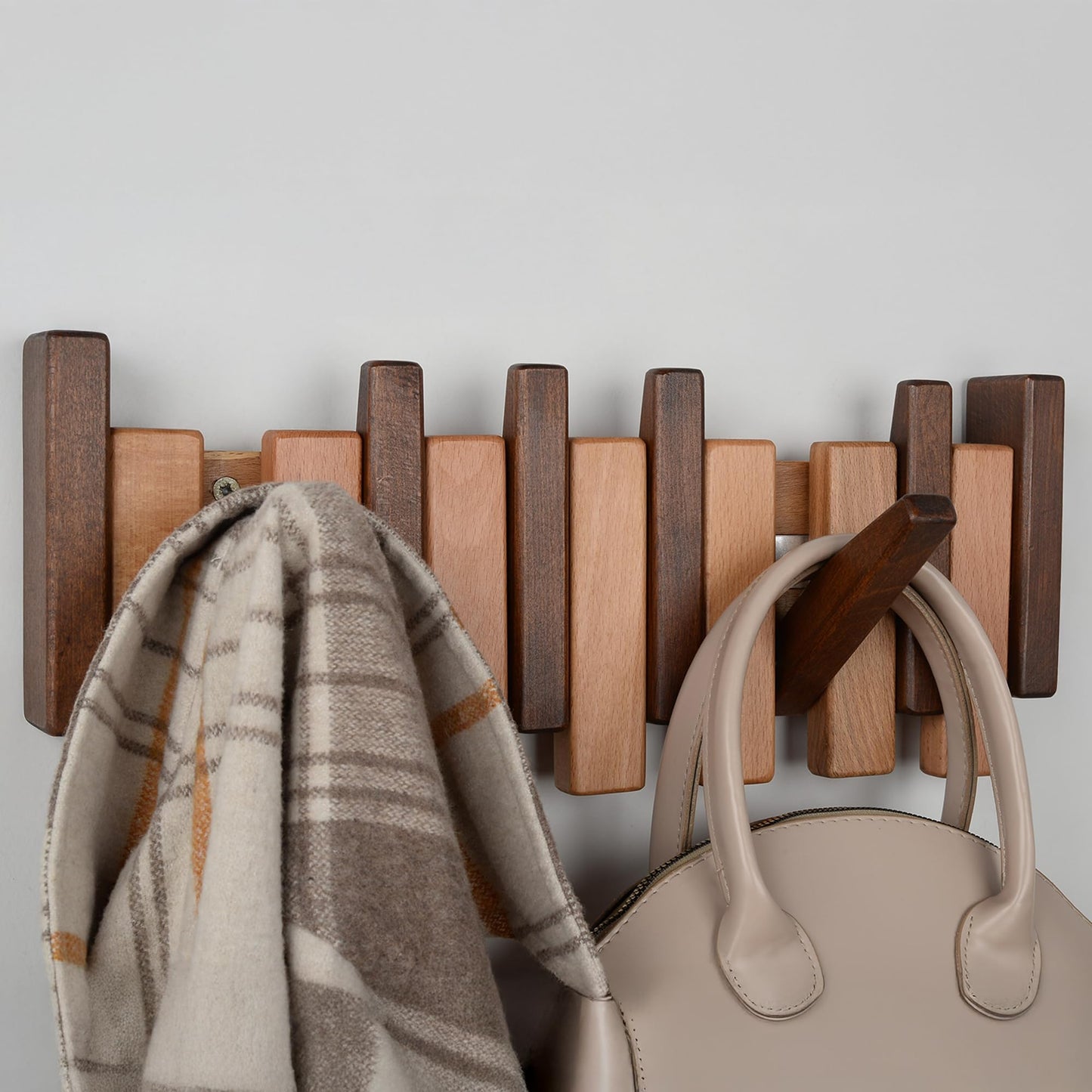 TEXAS BEST GIFT Piano Key Coat Rack – 6-Hook Wall-Mounted Rack in Solid Beech – Space-Saving Flip Hooks – Entryway Organizer for Coats, Hats, Bags