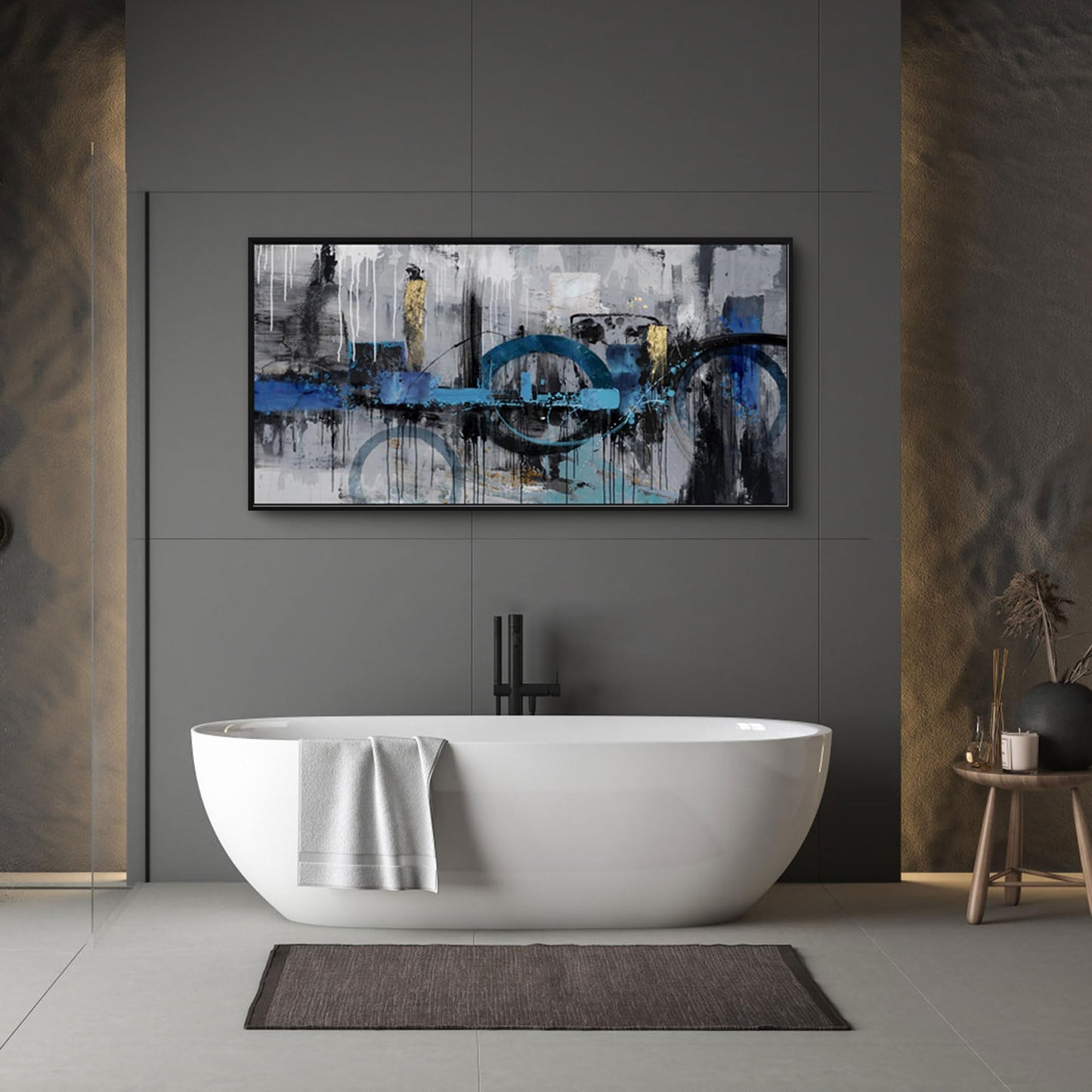 KLAKLA Abstract Wall Art - Blue and Gray Pictures Canvas Artwork for Living Room Bedroom Horizontal Black Framed Above Bed Wall Decor - 20x40