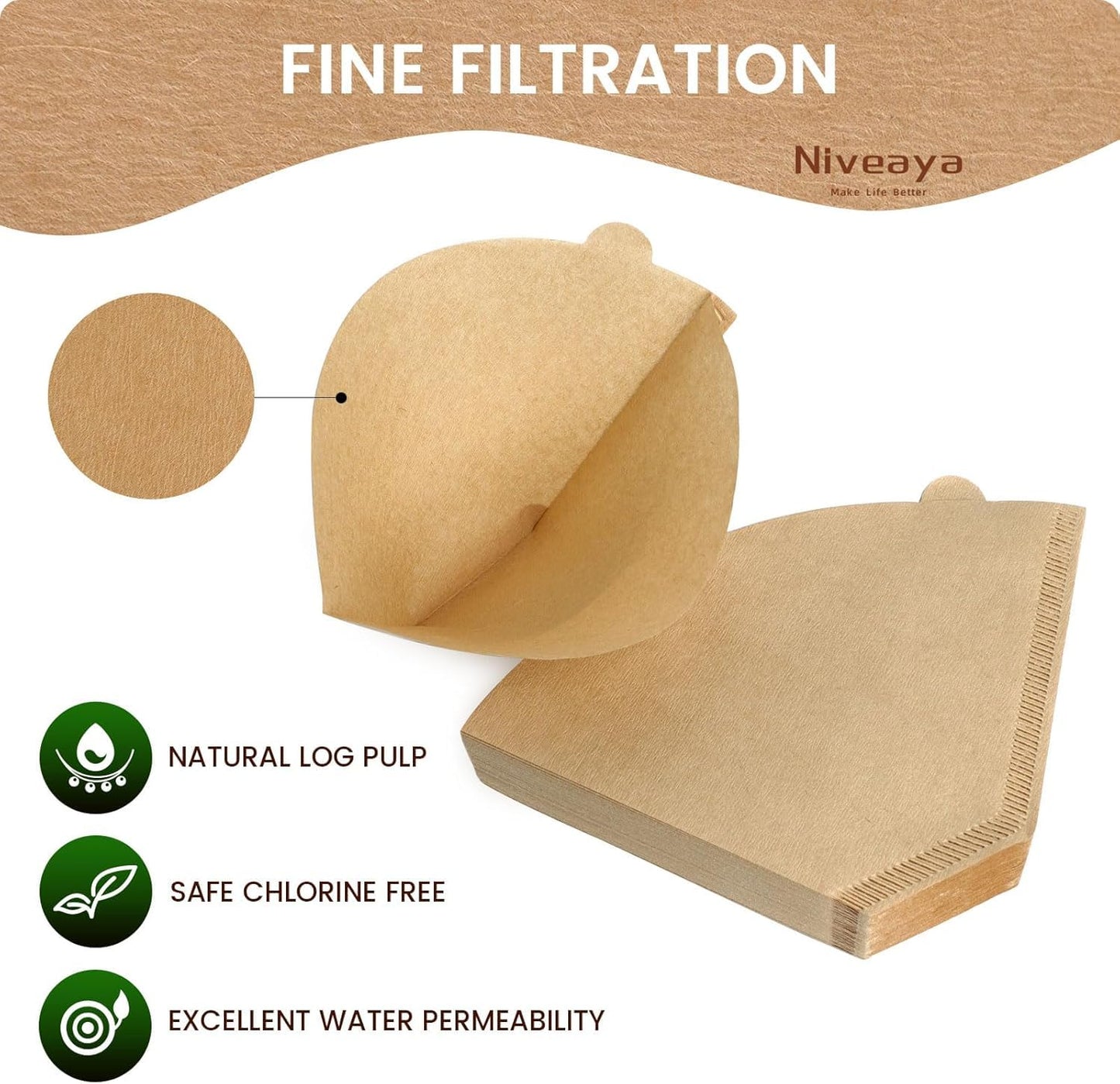 Niveaya Coffee Filters 600 Count, Coffee Filter #4 Cone, Natural Paper Coffee Filter 8-12Cup (natural brown-600pcs, 04)