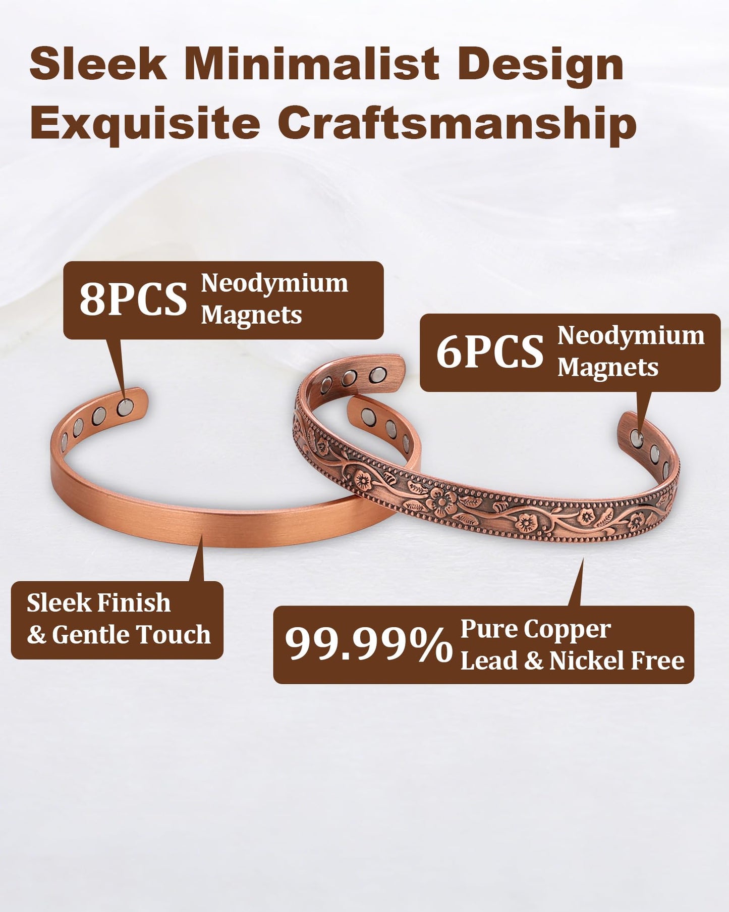 Fashtour Copper Magnetic Bracelets for Men Women,99.99% Pure Copper With 6 & 8 Ultra-Strong Magnets 3800 Gauss, Adjustable Design(2PCS) (Classic and Vintage)