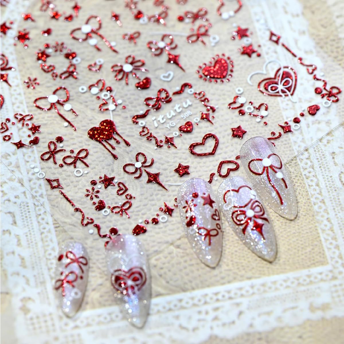 Valentines Nail Stickers for Nail Art Red Heart Nail Stickers 5D Self-Adhesive Embossed Bow Hearts Nail Decals Valentine's Day Nail Decorations for Women 1 Sheet