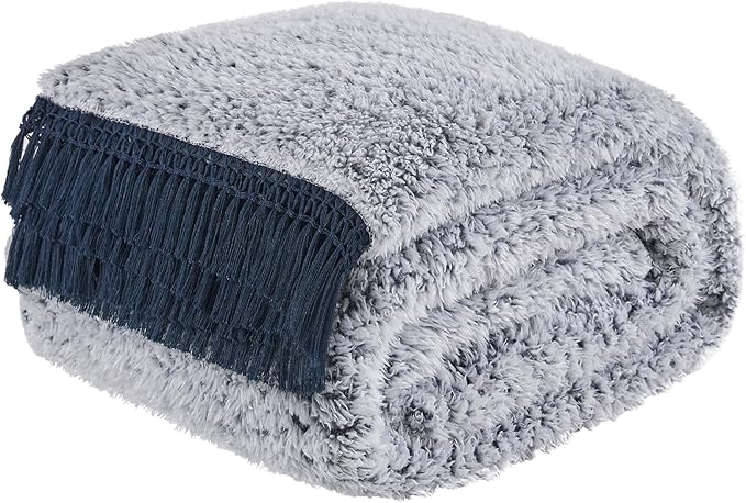 EMME Fleece Throw Blankets Soft Sherpa Plush Blankets for Couch Cozy Bed Blanket(Tassel Navy, 90"x90")