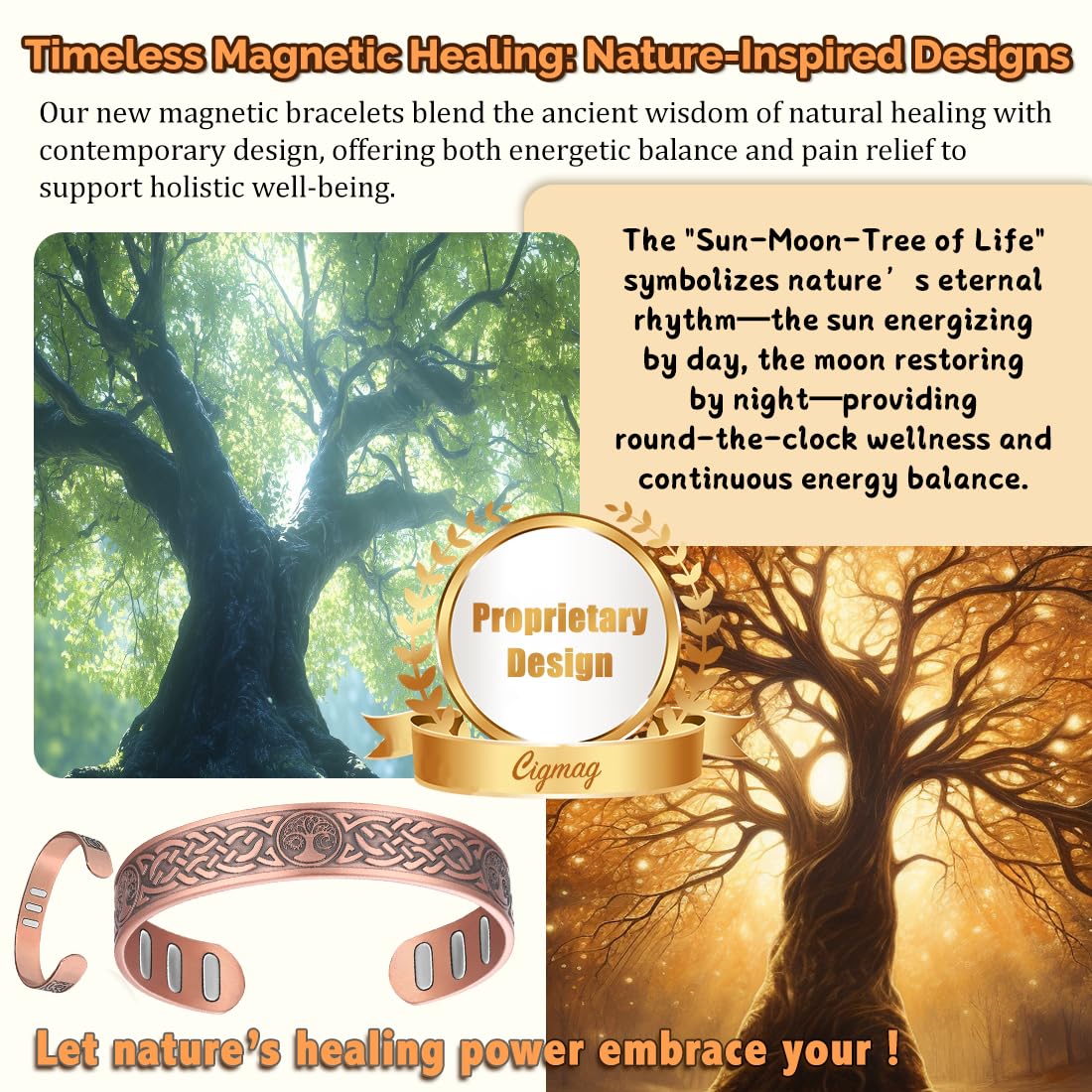 Cigmag Copper Magnetic Bracelet for Men, with Powerful 9X 5000 Gauss Magnets, Adjustable Solid Pure Copper (Sun Moon Life Tree)