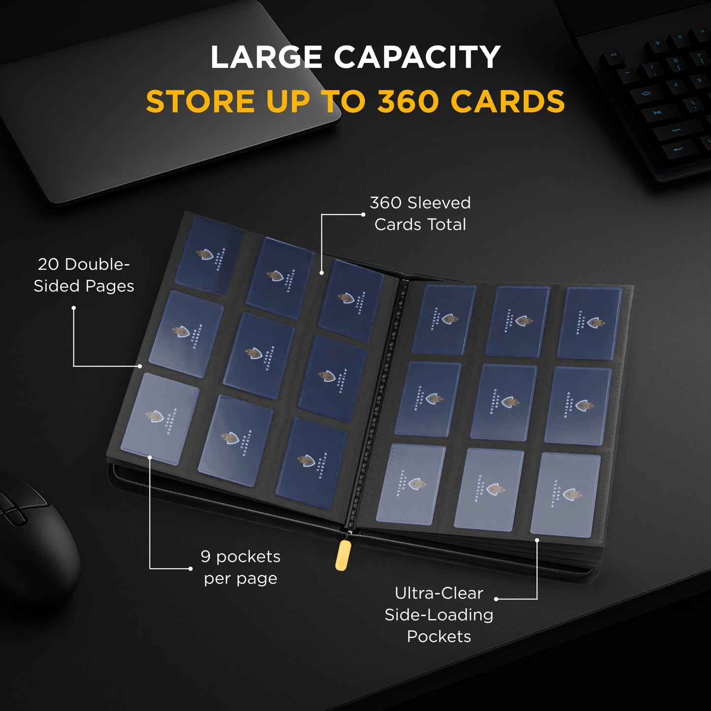 Card Guardian - 9 Pocket Premium Black Card Binder with Zipper for 360 Cards - Trading card binder with Side Loading Pockets for Trading Card Games -TCG Binder (Black)