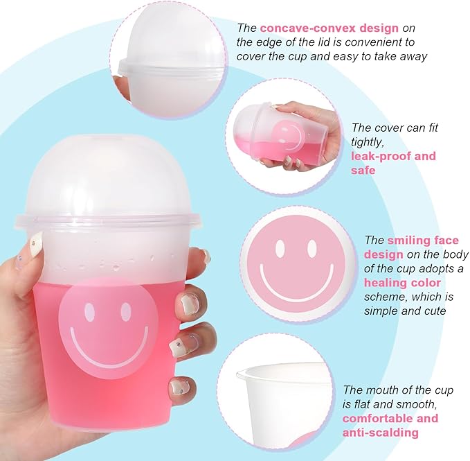 Yaomiao Smile Face Sipper Cups with Straws and Lids, 12 oz Clear Plastic Cups Happy Face Party Cups with Dome Lids Happy Party Favors for Kids, Tea, Coffee, Smoothie, Cold Drinks(64 Pack)