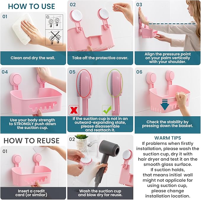 TAILI Shower Caddy Suction Cup 2 Pack, Heavy Duty Bathroom Organizer, Removable Shelves for Inside Shower, Shampoo, Waterproof Suction Plastic Storage for Bathroom Accessories Holder, Pink
