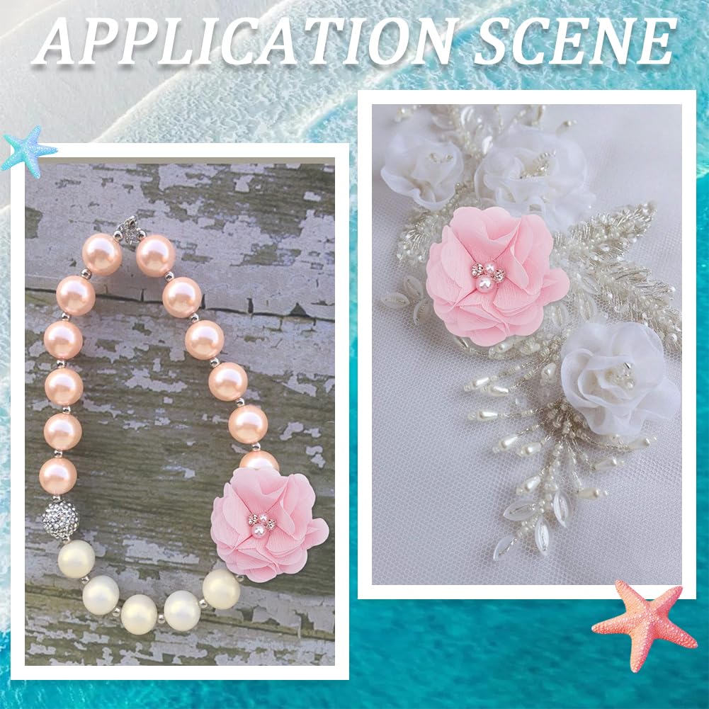 SOFPLATE 1 Box 30Pcs Pink Chiffon Flower Artificial Fabric Flower Appliques Pearl Rhinestone Felt Back Sewing Appliques for Clothes Hair Accessories Embellishments Wedding Decor DIY Craft Projects