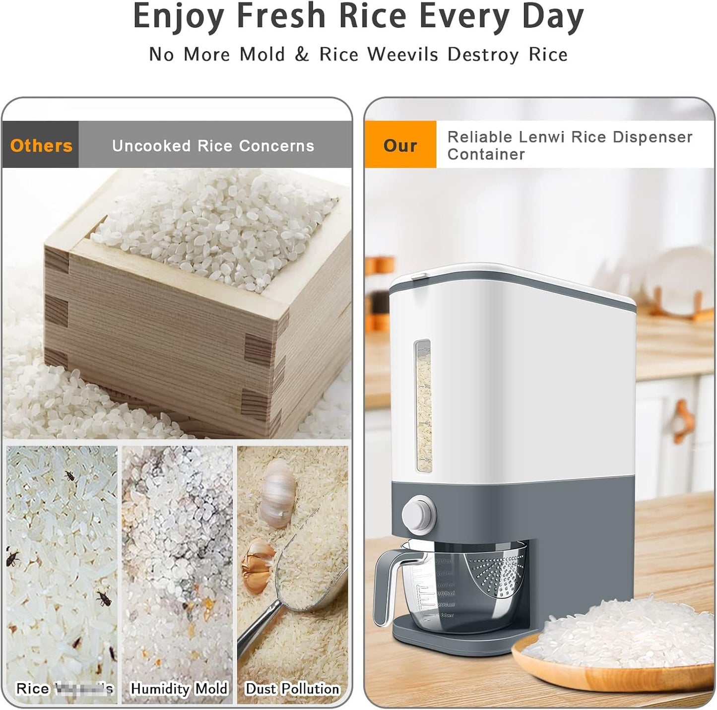 Lenwi 22-25 Lbs Rice Dispenser, Large Cereal Dry Food Storage Containers with Measuring Cup,BPA-Free Household for Kitchen Pantry Organization-Grey