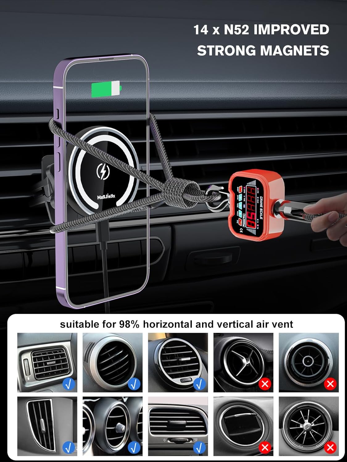 for Magnetic Magsafe Car Mount Charger, Wireless Car Charger with Fast Max 38W QC3.0Charging Adapter Retractable Phone Holder Fits iPhone16/15/14/13Plus/MagSafe Case,Dashboard/Vent/Windshield