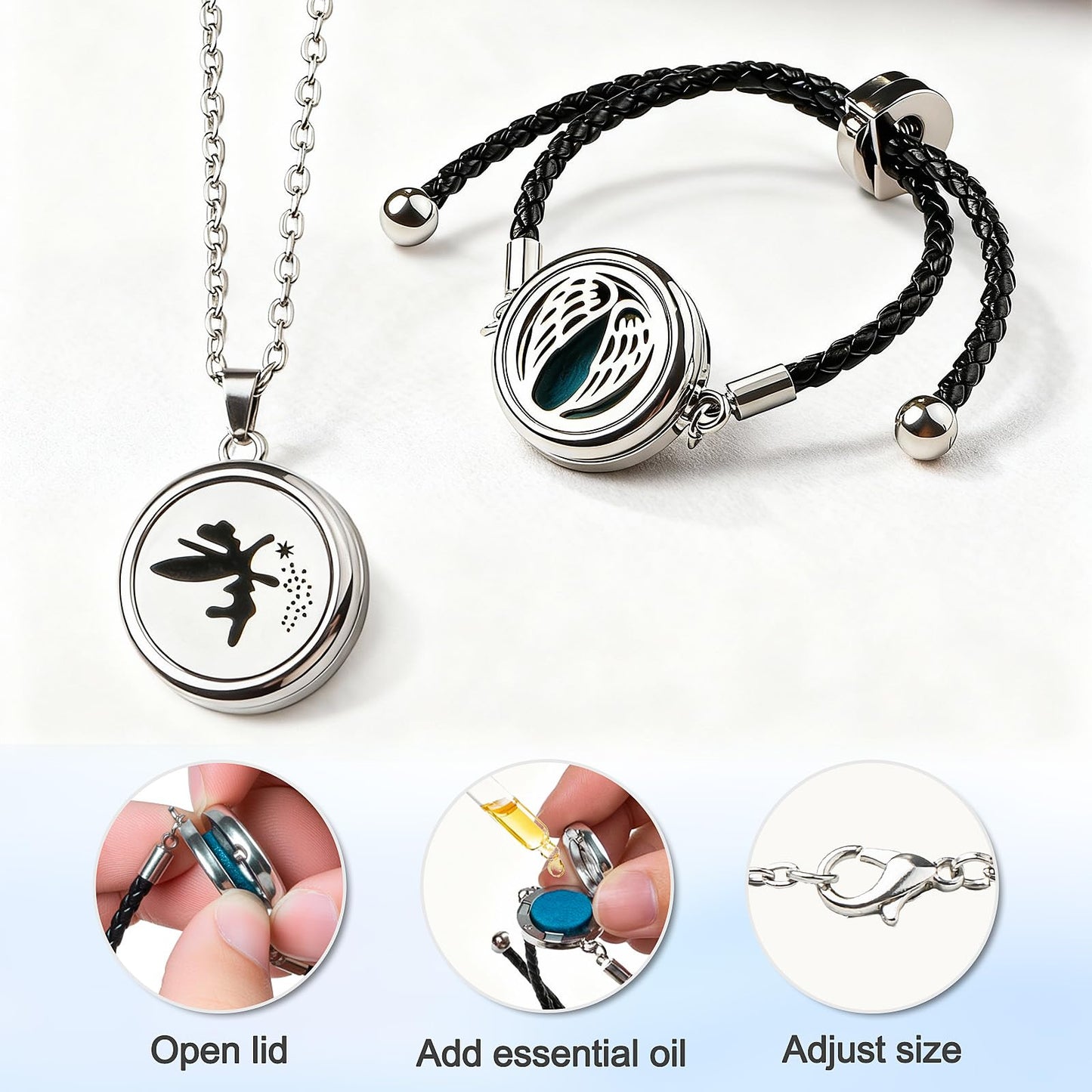 Essential Oil Diffuser Necklace & Bracelet Set 2pcs, Elf Aroma Locket Necklace + Wings Diffuser Bracelet Adjustable with 20 Refill Pads Jewelry, Christmas Anniversary Birthday Gifts for Women
