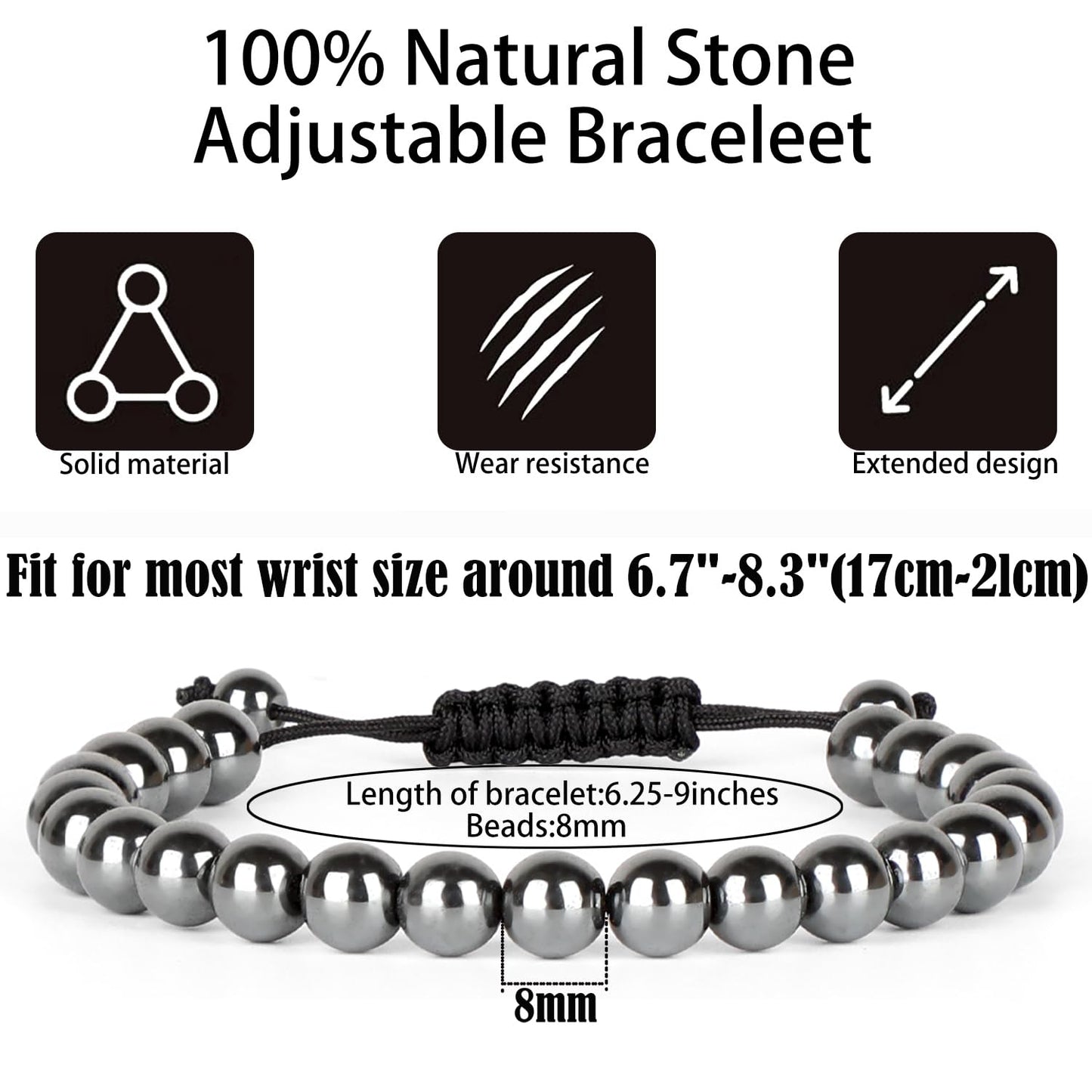 QOGIR Handmade Healing Bracelets,8mm Natural Hematite Gem Stone Beads Bracelet,for Men Women Gifts with 2PCS Size Adjustable Rope Bracelets